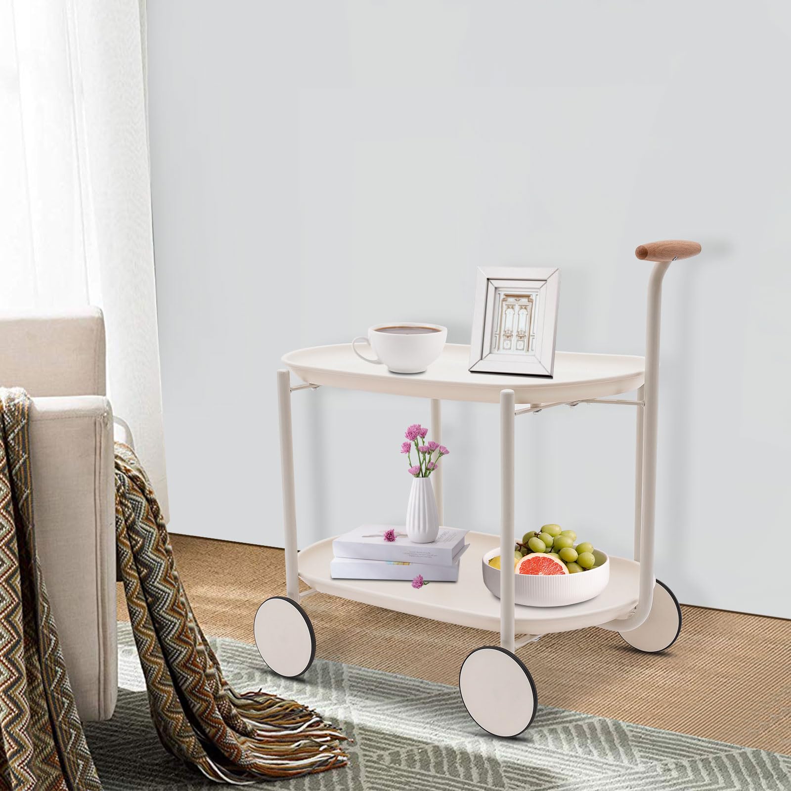 Carrello da servizio, carrello da cucina, multifunzione, in ABS, con ruote, manico e 2 ripiani, 63 x 42 x 64,5 cm (bianco)