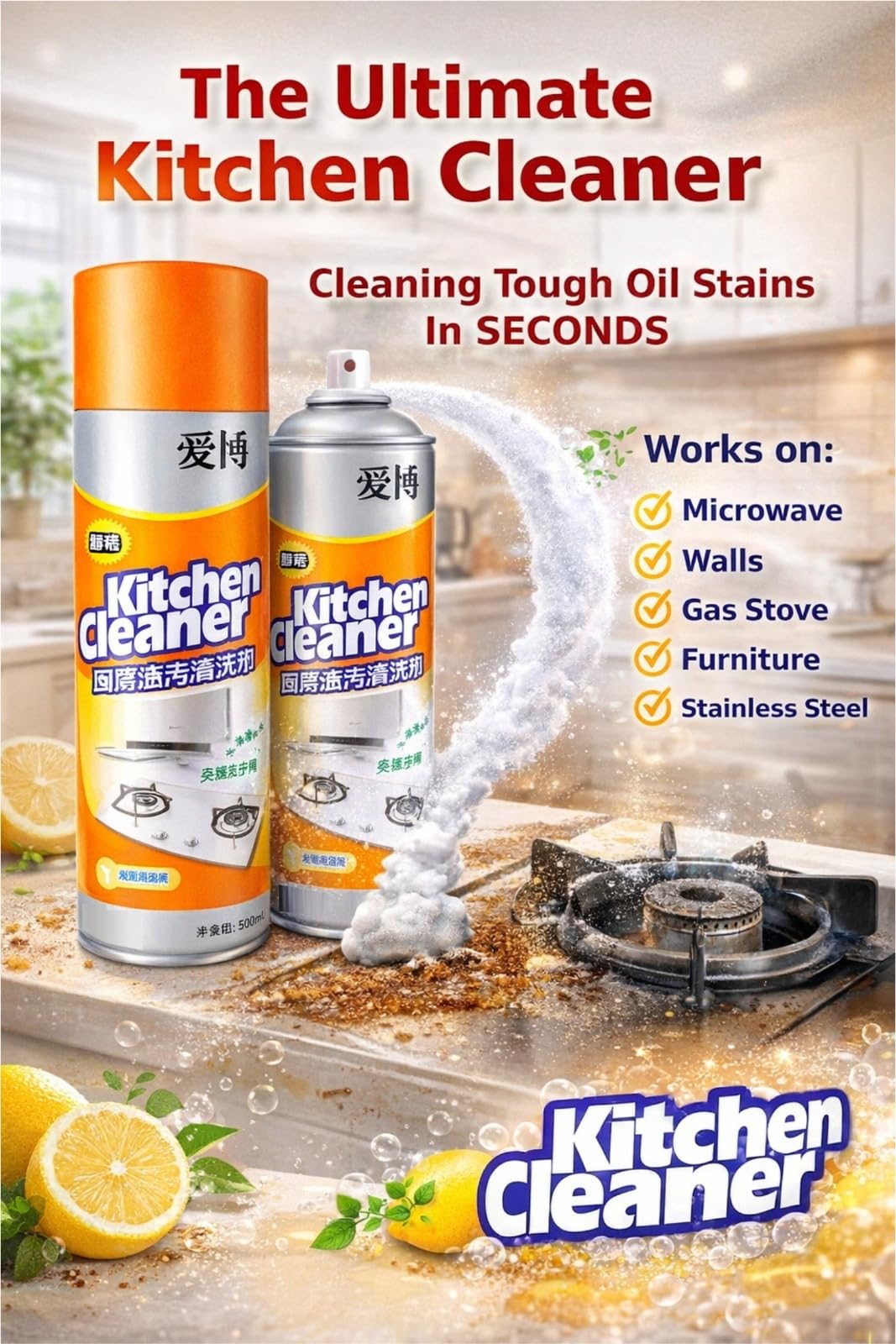 COOKVITA Kitchen Cleaner Spray for Grease & Oil Stains, Multipurpose Kitchen Degreaser for Gas Stove, Chimney, Microwave & Tiles, Heavy Duty Kitchen Cleaning Foam Spray (500 ml) 1