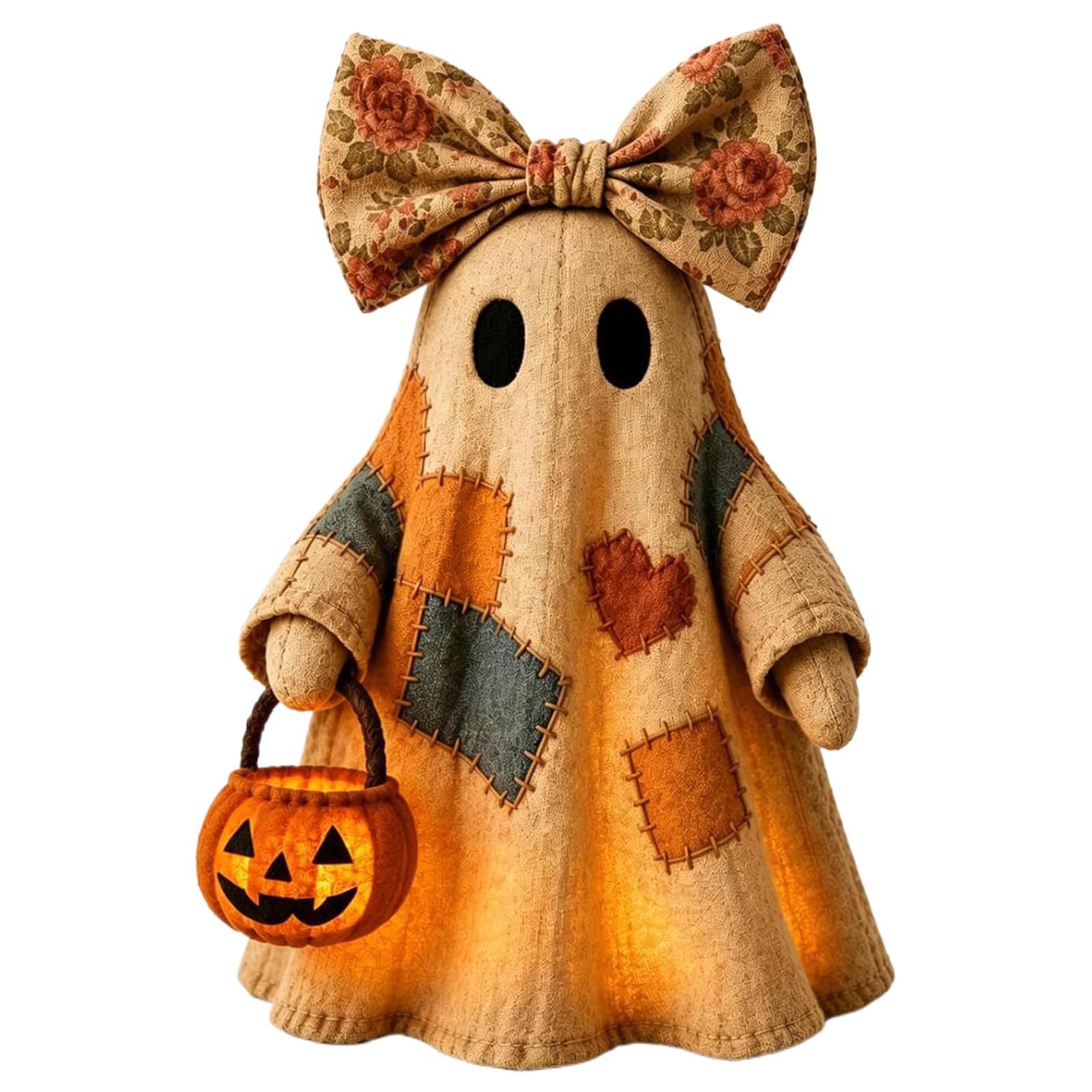 Cute Patchwork Ghost Halloween Decor with Pumpkin Lantern