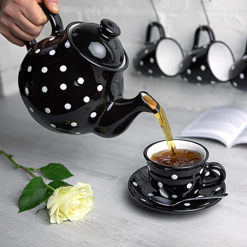 Miniatura 4 de Juego de tetera de cerámica de lunares blancos y negros hechos a mano, tetera grande de 1,7 l/60 onzas, 4-6 tazas, jarra de leche, azucarero, juego