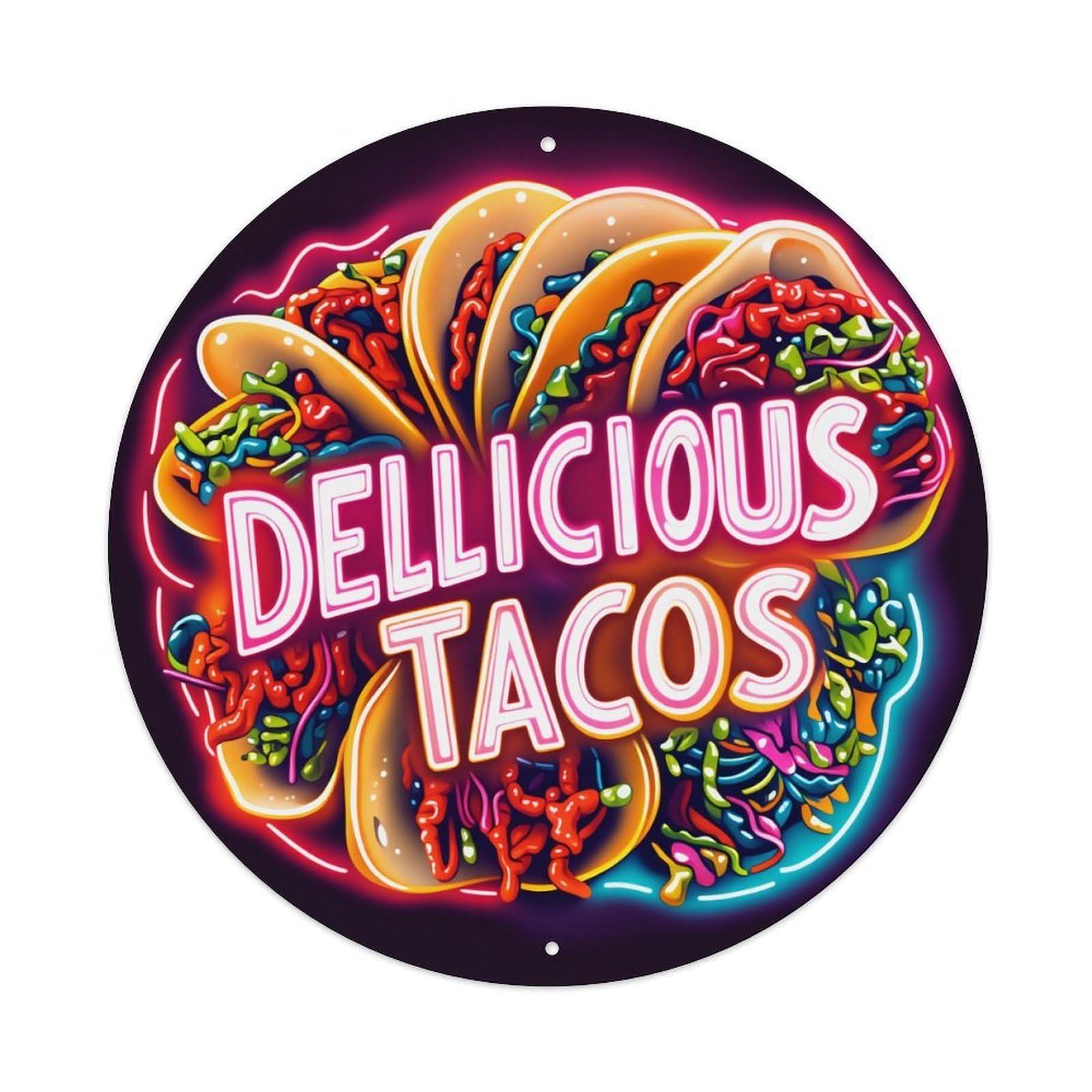 Colorful Tacos Neon Sign Art Vintage Metal Tin Sign Retro Wall Decor for Home Bar Garage Cafe, Indoor & Outdoor Decorative，circle Metal Poster, 8x8 Inch