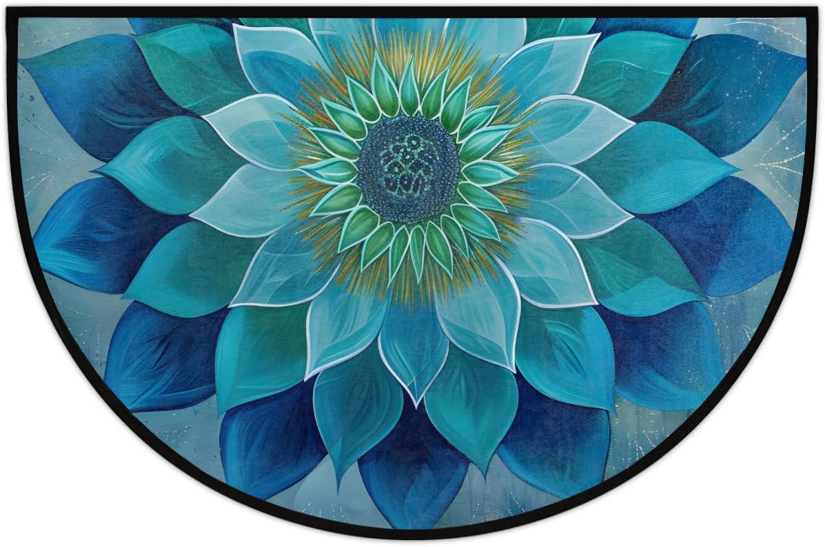 Teal Mandala Half Moon Rug Mandala Teal Ethnic Half Round Door Mat Washable Half Circle Area Rugs Indoor Entrance Non Slip Semi Circle Bathroom Rugs Floor Carpet for Kithen Bedroom Fireplace Decor