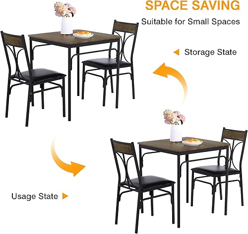 Miniatura 7 de VECELO Juego de mesa de comedor de 3 piezas para 2, juego de mesa de cocina con 2 sillas para espacio pequeño, ahorro de espacio y diseño moderno