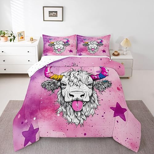 Erosebridal Juego de edredón de ganado de las tierras altas, juego de ropa de cama de cielo estrellado para niñas, tamaño King, juegos de edredón