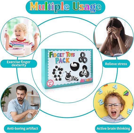 Fidget Toys Adults Pack, Sensory Toys 5PC Set, Gift Ideas for Boys Girls Teens Kids, ADHD Autism Stress Relief Finger Toy Hand Fidget Spinner
