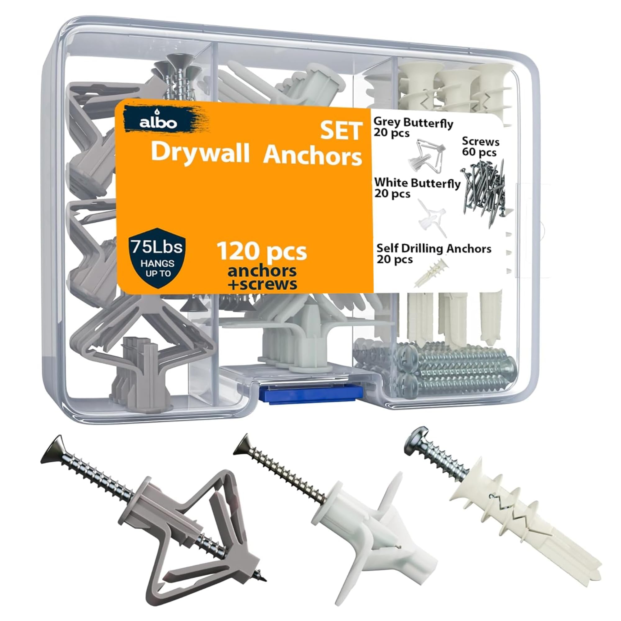 ALBO Drywall Anchor Kit with Screws - 120 Pcs Hollow Wall Set (Grey Butterfly, White Butterfly, Self Drilling, Screws) - Plastic Anchors for Drilling Hollow Walls