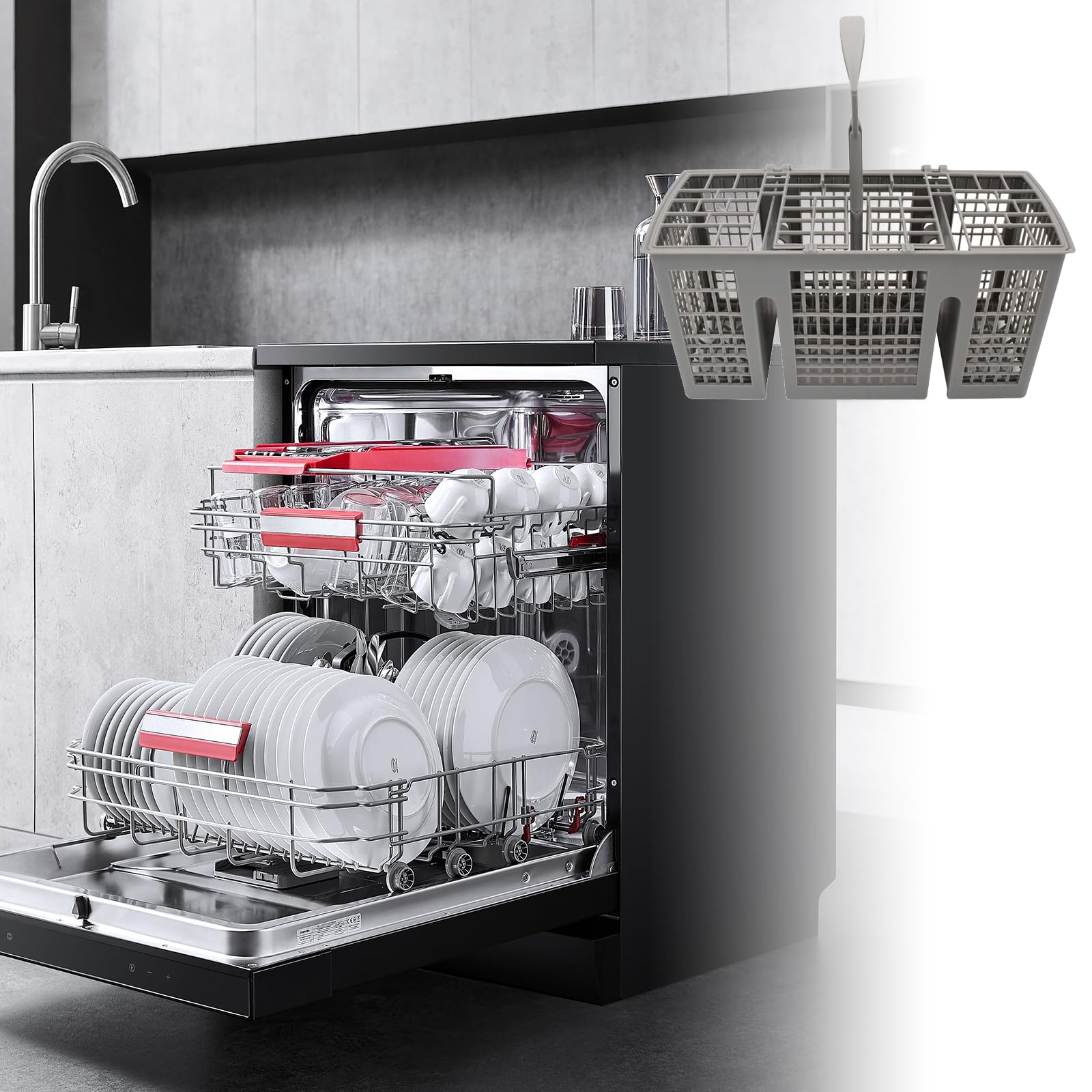 Kosz na sztućce, do zmywarki Siemens Bosch, 220 x 115 x 90 mm, szary, zdejmowany okrągły uchwyt, pojemnik na sztućce do wielu zmywarek