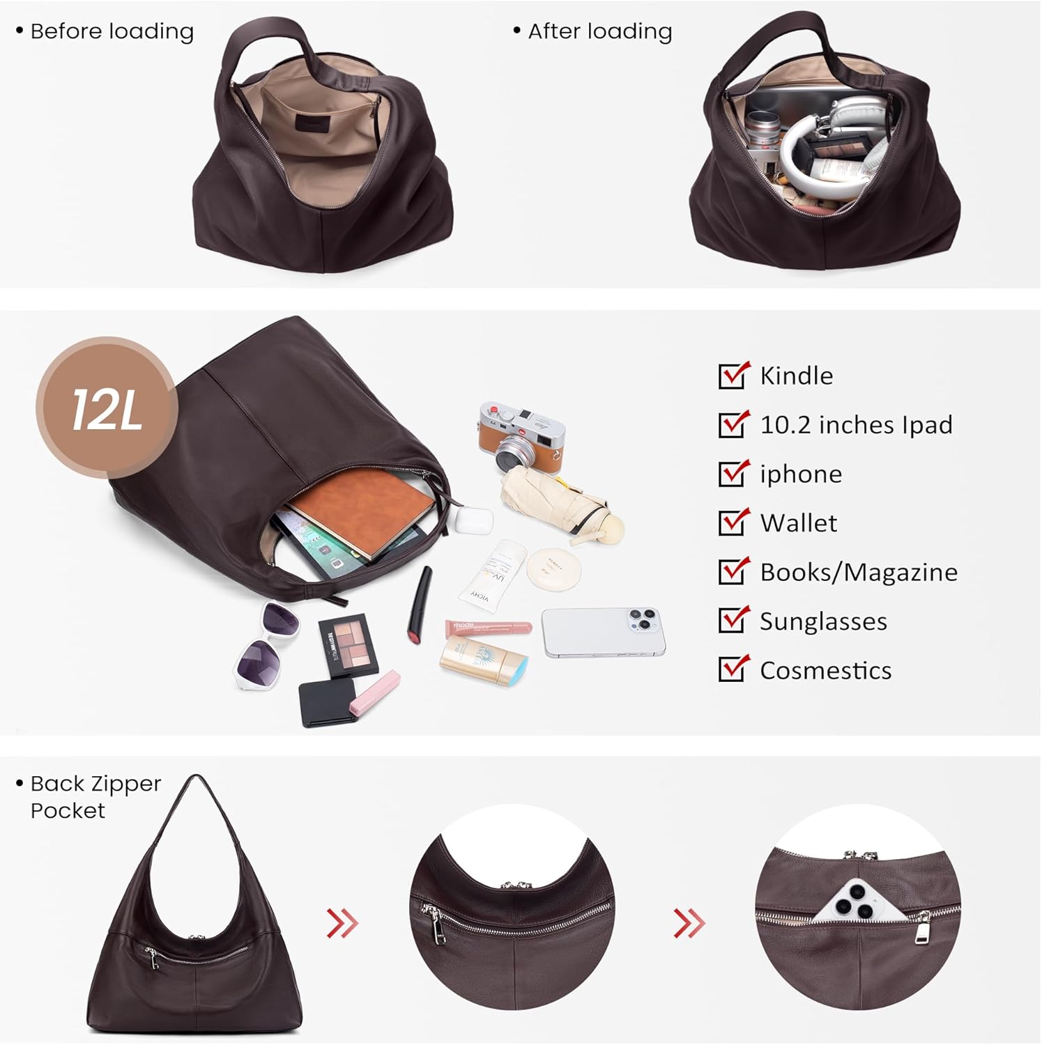 befen Leather Slouchy Hobo Bags for Women, Ultra Soft Large Tote Bag Purses, Lightweight Shoulder Handbag for Work Travel - Image 5