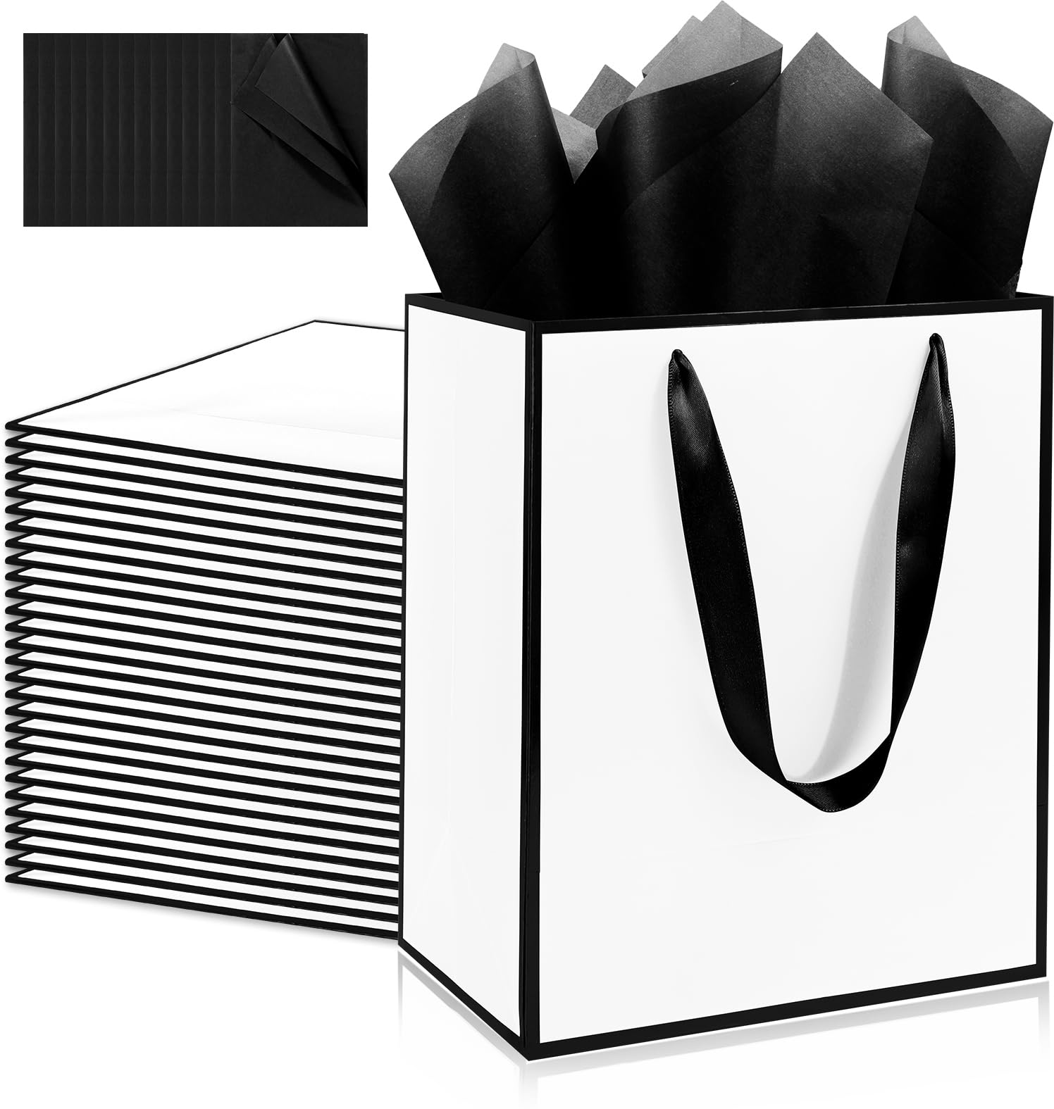 Addblu 28 Pack Bulk Luxury Gift Bags with Handles, Medium Size 9x7x3.15 Inches - Includes 28 Tissue Papers for Wedding, Birthday, Baby Shower, Thanksgiving, Christmas, & Party Favors (White with black border)