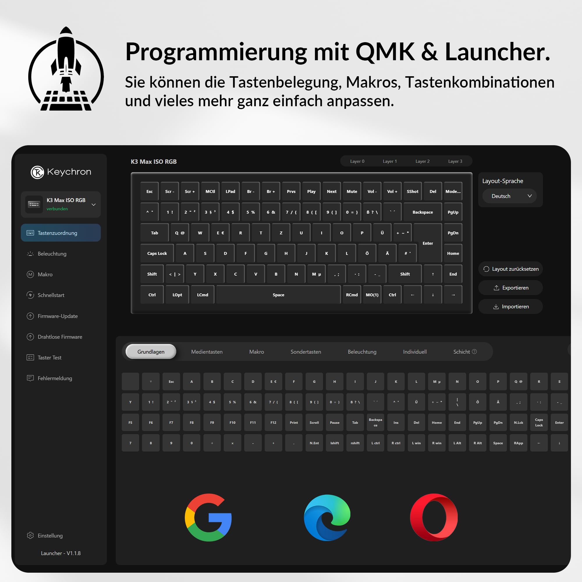 Keychron K3 Max kabellose mechanische Tastatur, 2,4 GHz/Bluetooth 5.1, programmierbar mit QMK/Launcher, 75%-ISO-DE-Layout, QWERTZ-Gaming-Tastatur für Mac/Windows – Gateron Low-Profile-Braun-Schalter