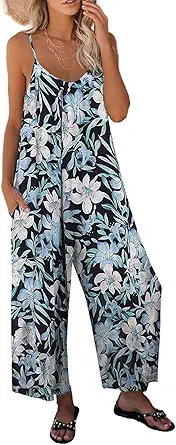 Dokotoo Women's Loose Sleeveless Jumpsuits Adjustable Spaghetti Strap Stretchy Long Pant Romper Jumpsuit with Pockets