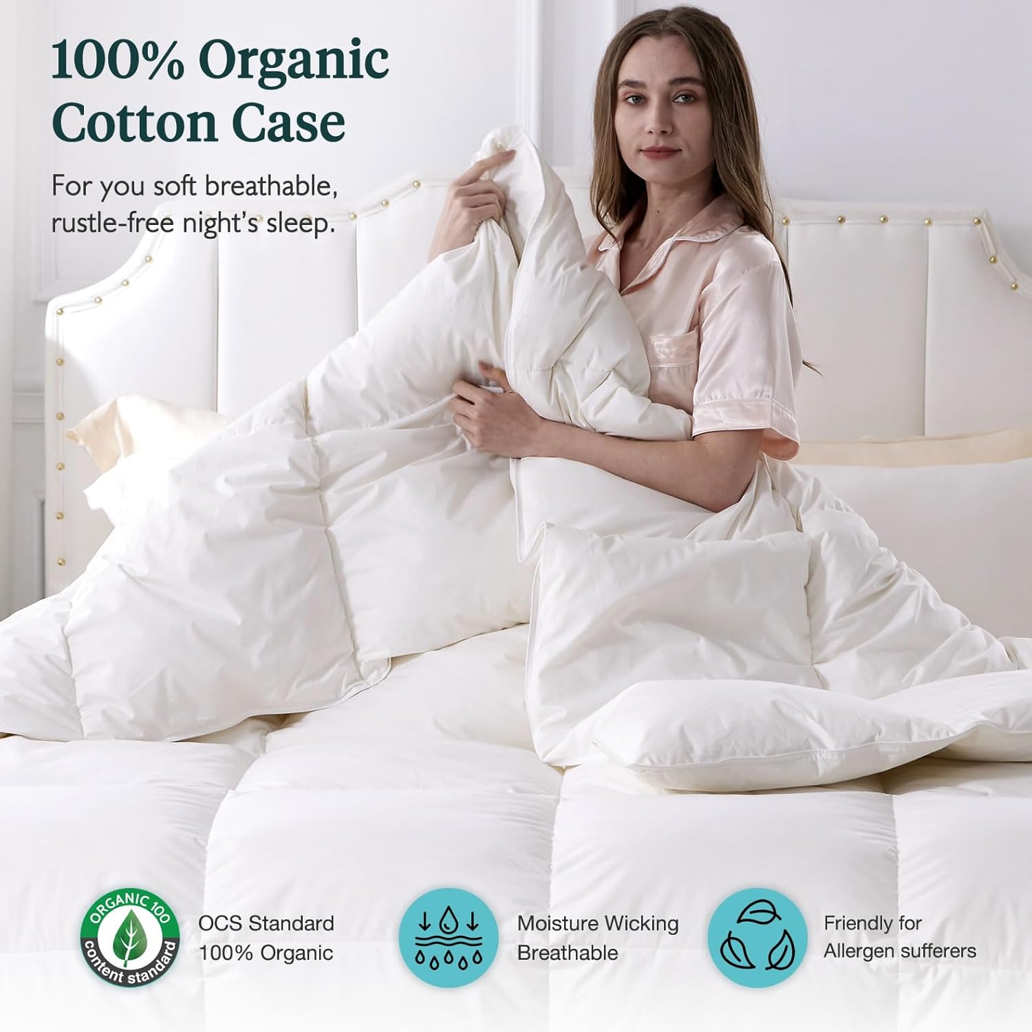 Feathers & Down Comforter, Organic Duvet Insert, 100% Cotton Shell, Ethically-sourced Feathers and Down Filler, All Season Warm, Queen Size, White - Image 3