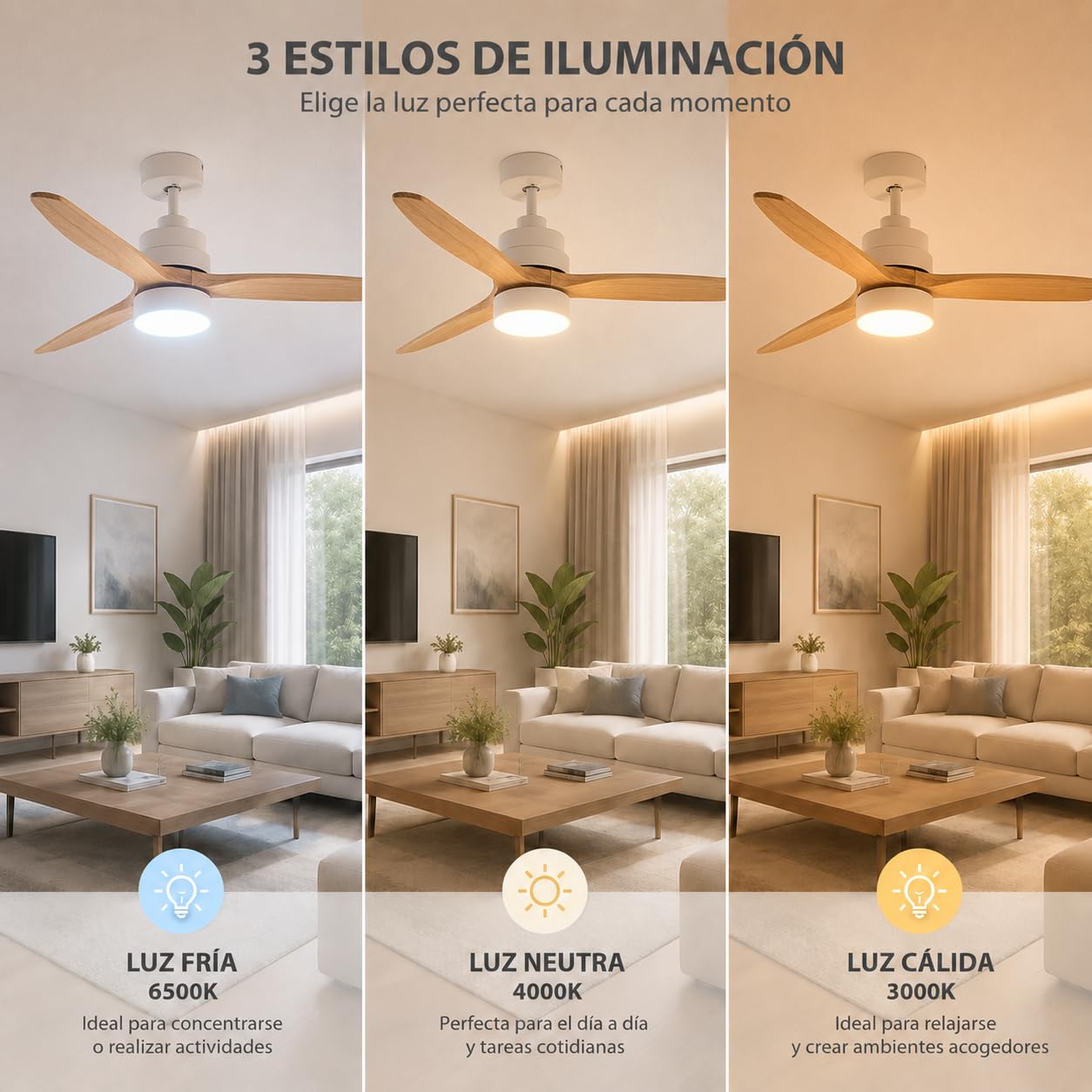 IluminaShop - Ventilador de Techo Led Wing-flat, con mando a distancia, motor DC 50W+Luz Led 18W, 6 velocidades, Silencioso,3 Aspas efecto madera, 132 cm, función verano-invierno, temporizador