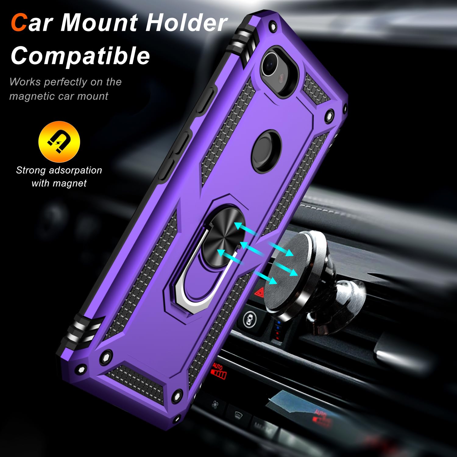 LUMARKE for Google Pixel 3A XL Case with Screen Protector,Pass 16ft. Drop Tested Military Grade Protective Phone Cover with Magnetic Ring Kickstand Compatible with Car Mount Holder Purple