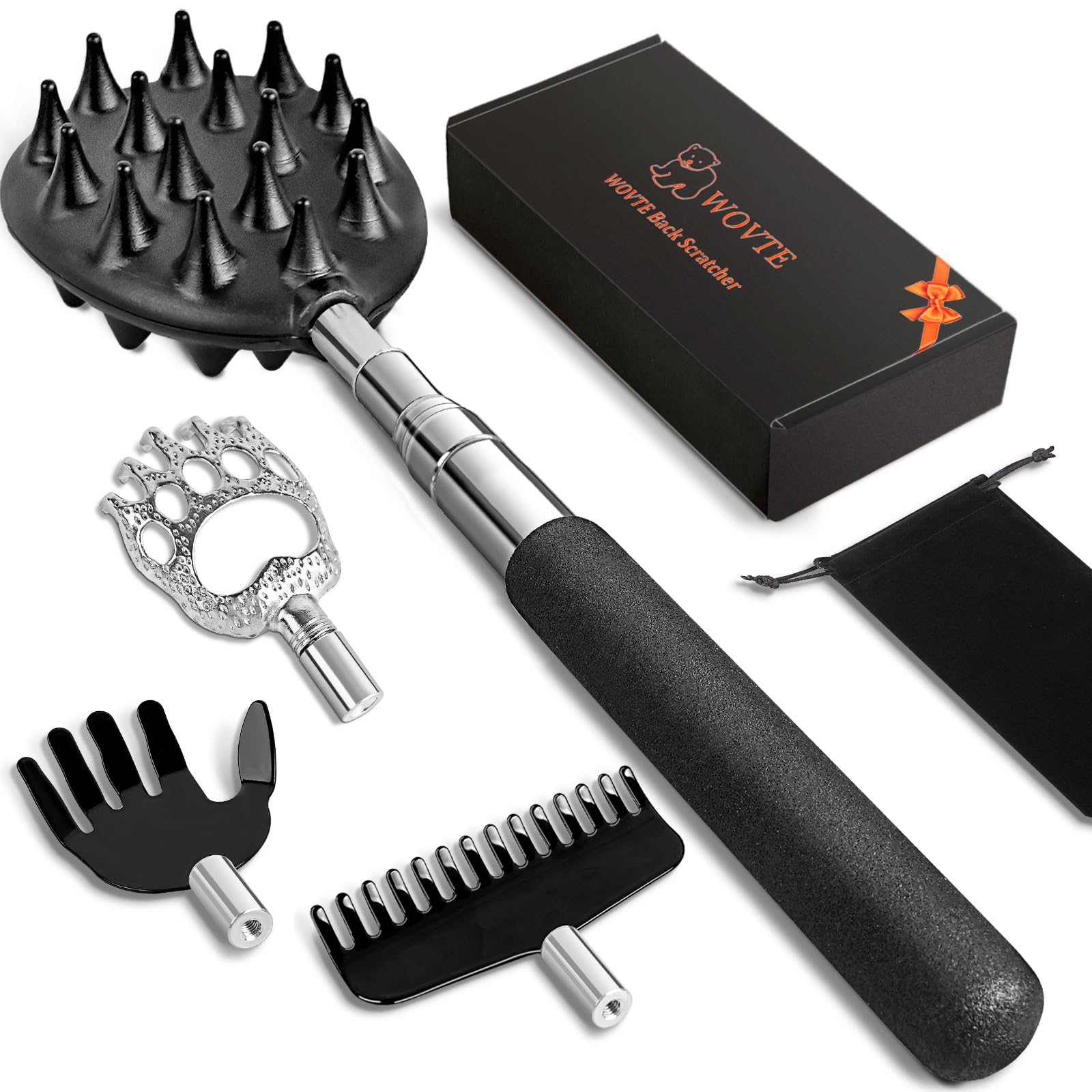 WOVTE Extendable Back Scratcher for Men Women with 4PCS Detachable Heads, Stocking Stuffers for Men Adults, Anniversary Mothers Day Fathers Day
