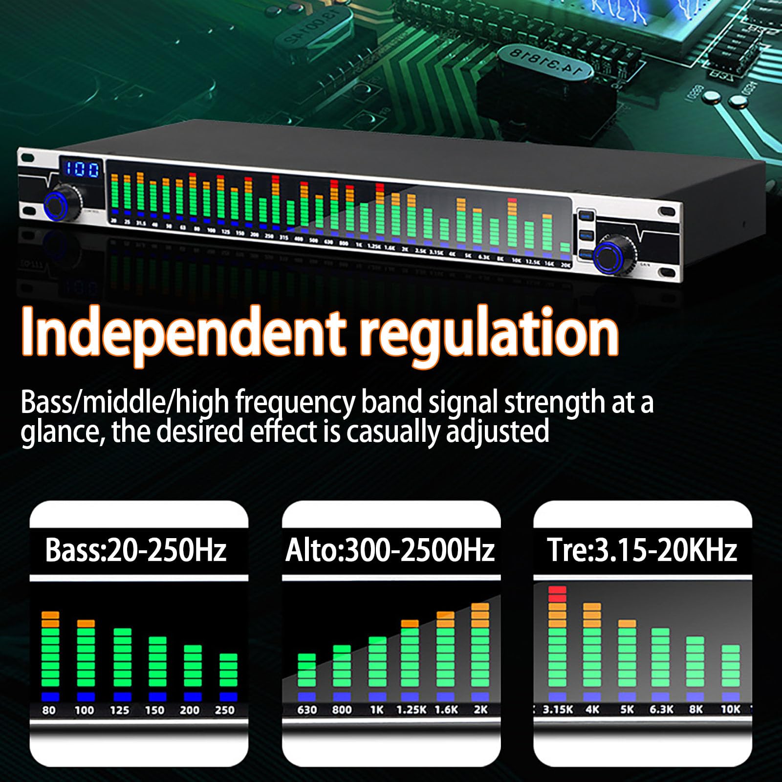 Analizador de espectro de audio: ecualizador digital con procesador de 31 bandas, pantalla de espectro LED, 10 preajustes, ajuste independiente de bajo/medio/agudos para sonido en vivo