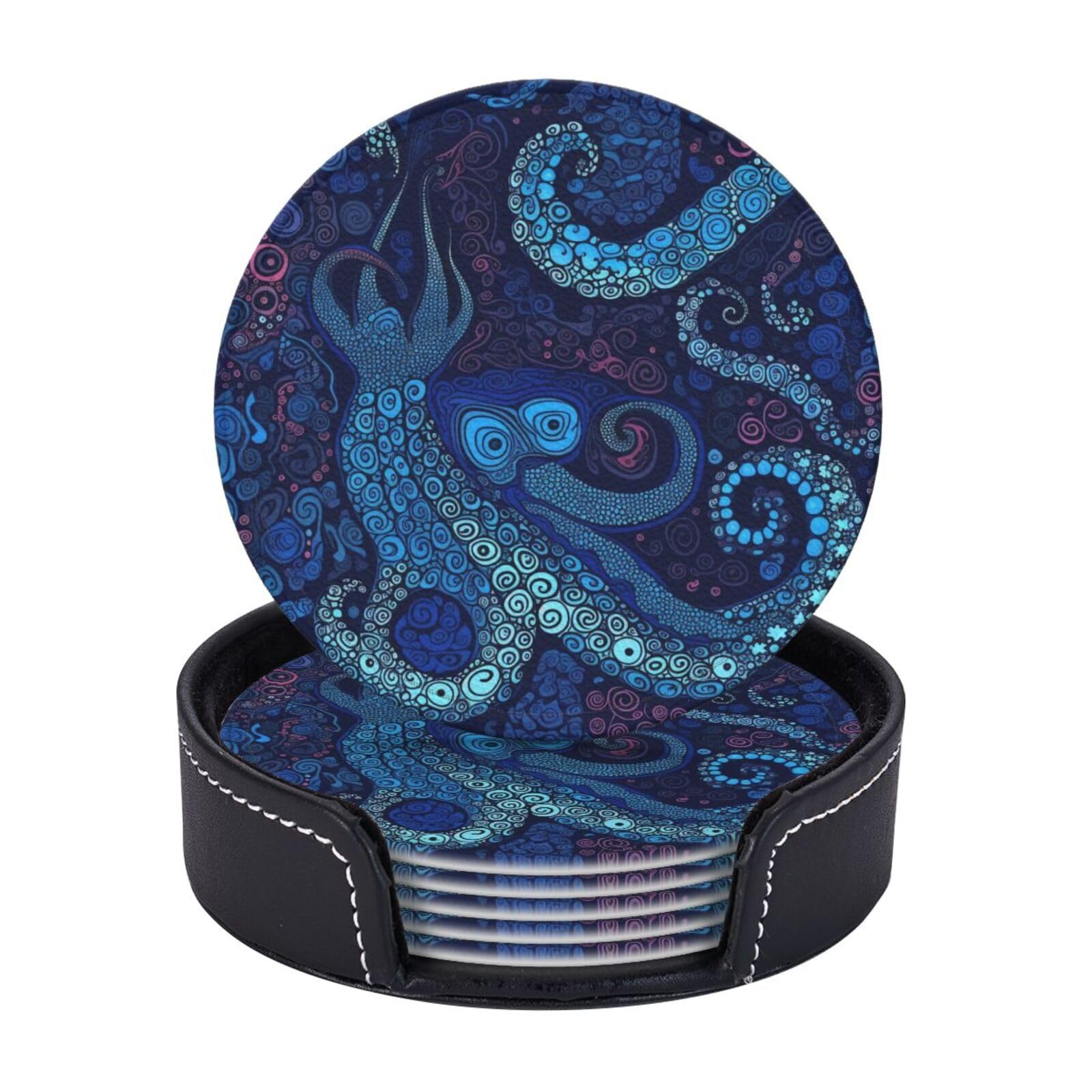 Round Coasters for Drinks Set of 6 - PU Leather Coasters with Holder - Modern Drink Coasters for Coffee Table - Blue Octopus Coaster for Tabletop Protection 4" Cup Mat Pad