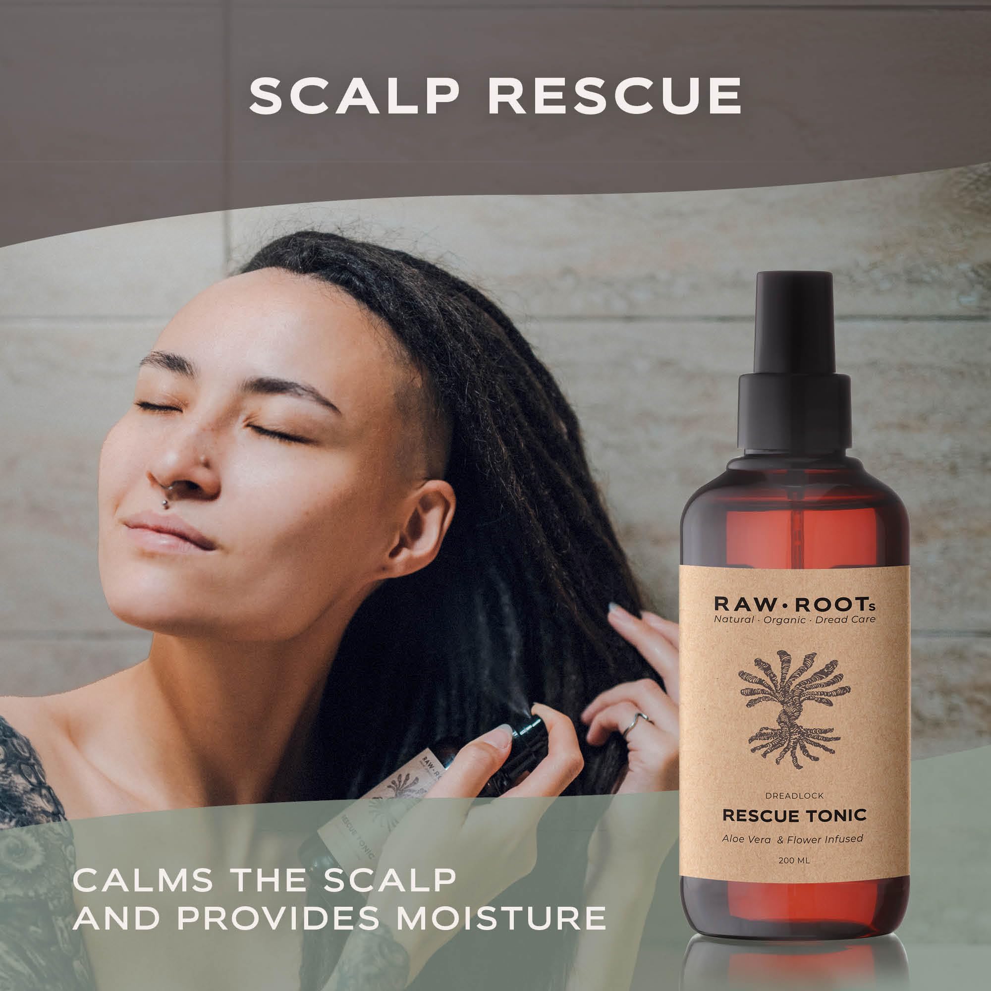 RAW ROOTs Rescue Tonic 200ml | Spray Naturel Rafraîchissant pour Dreadlocks Secs, Cuir Chevelu Irrité et Peaux Sèches | Spray Polyvalent sans Sulfates, Silicone ni Parabènes