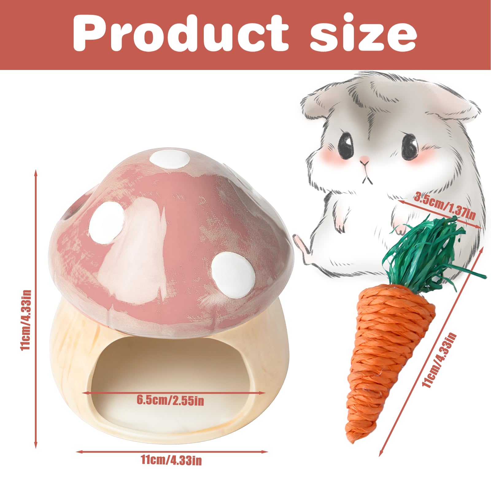 Nizirioo Niche unique en céramique pour hamster : cachette durable pour hamster, cabane et jouet dentaire, tunnel en forme de champignon, grandes entrées pour gerbilles, souris, chinchillas (rose)
