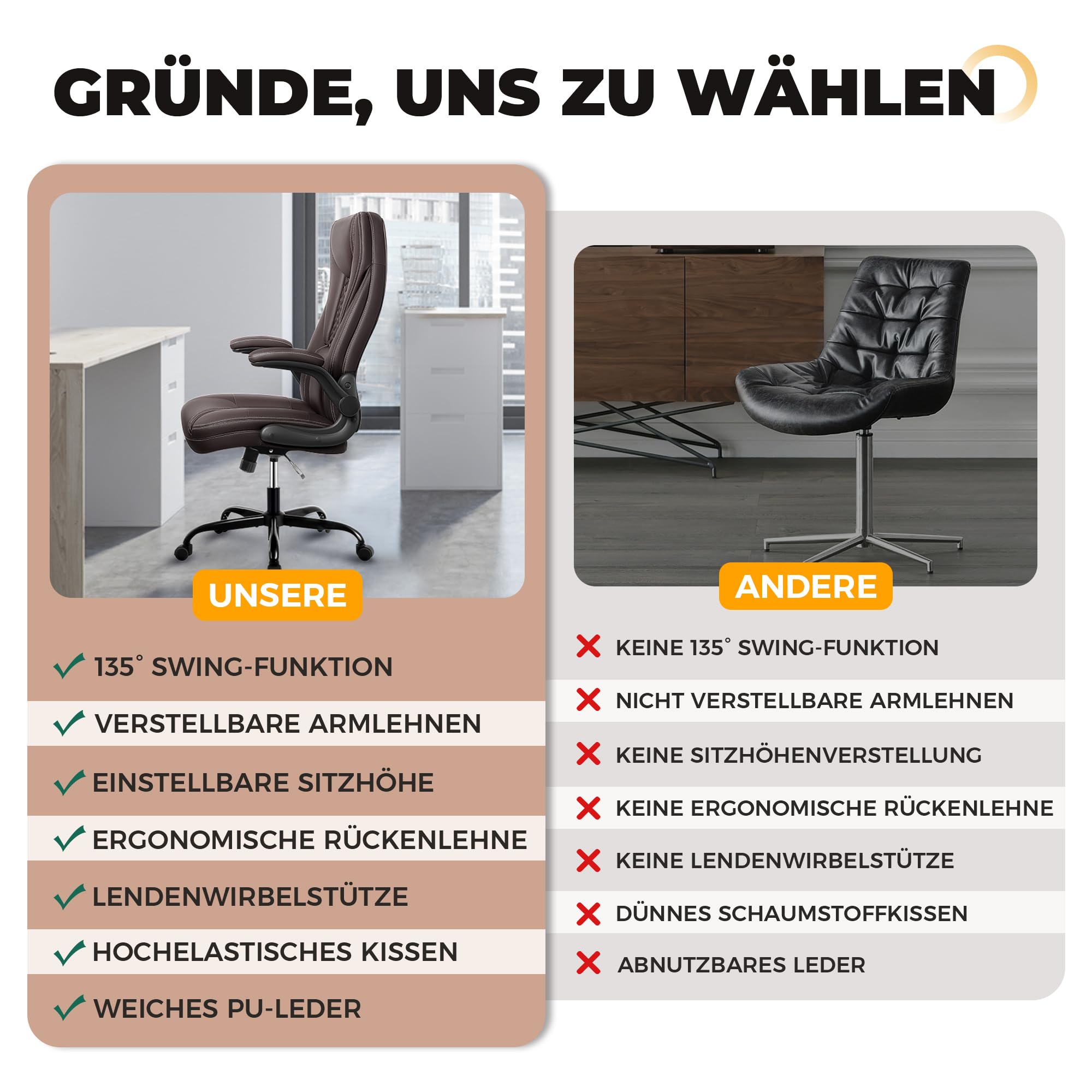 Sedia da ufficio, ergonomica, da scrivania, con funzione basculante, regolabile in altezza, con poggiatesta, braccioli, 150 kg, caffè
