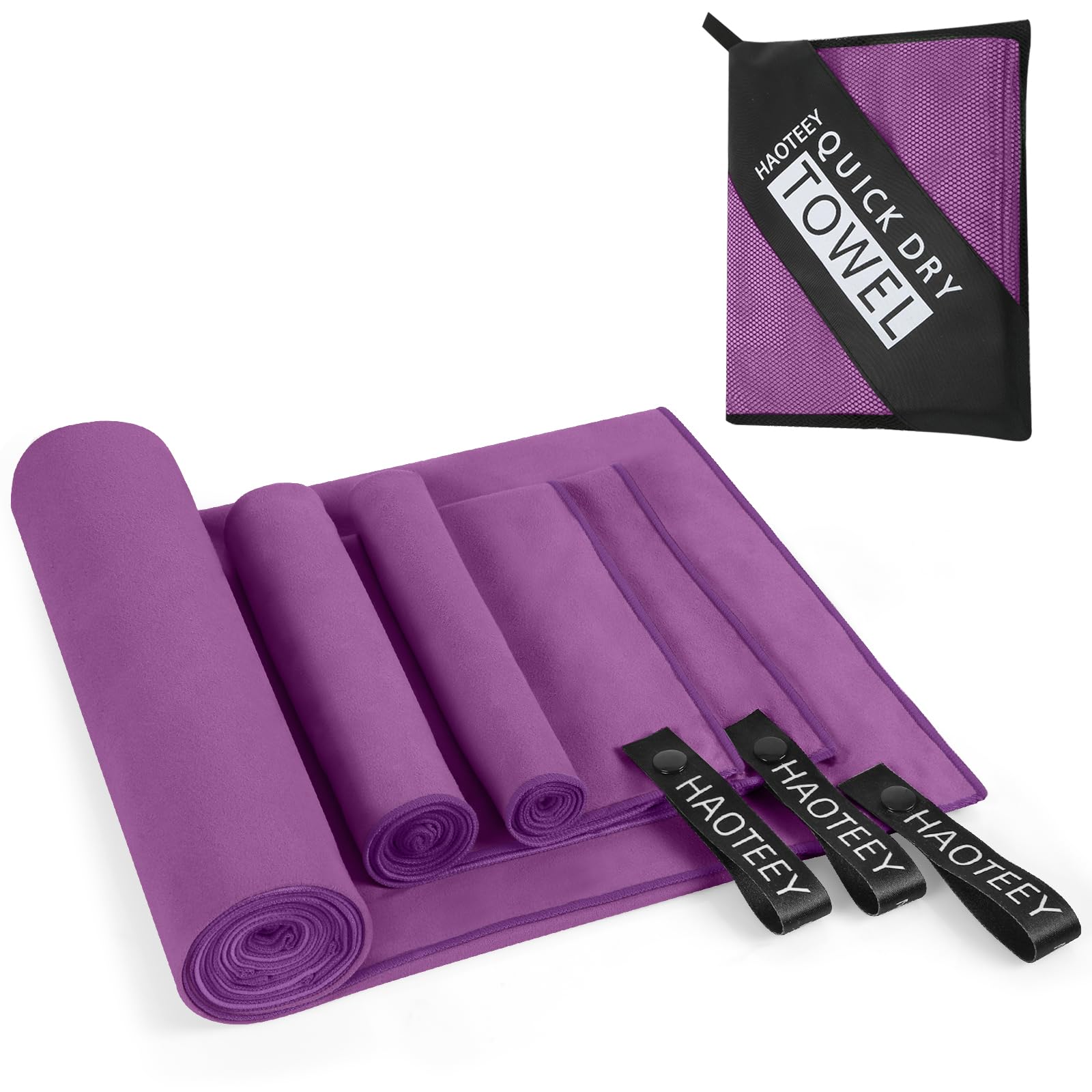 Haoteey Quick Dry Travel Towel, 3 Sizes 1 Pack Camping Microfiber Towel, Lightweight Fast Drying Towels Set 60"x30", 30"x15", 15"x15" w/Bag for Gym,