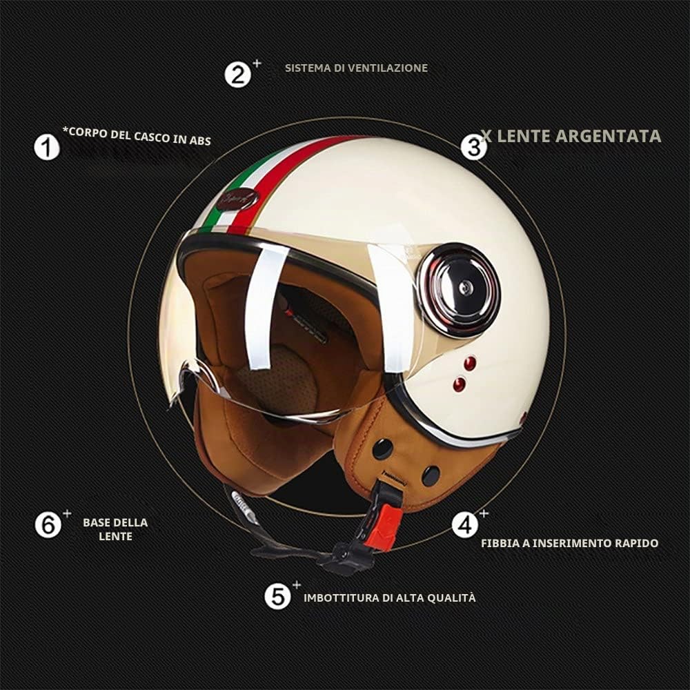LUNANA Casco Aperto Moto, Vintage Casco Jet con la Visiera, Certificato ECE, Adulto Retro Moto Elettrico Mezzo Casco, inarcamento del Rilascio Rapido, per Cruiser Scooter (57~62cm)