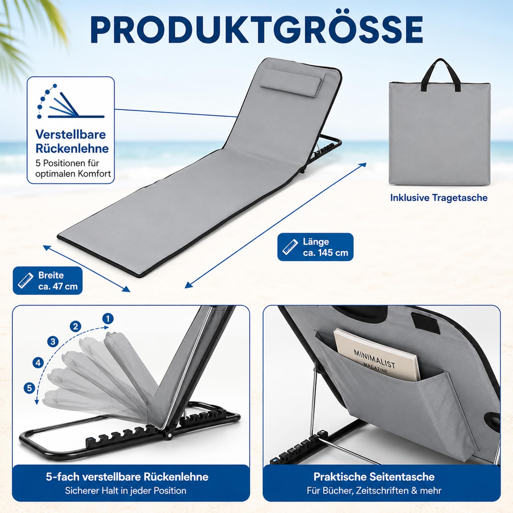 Shengruili 2Pcs Strandmatte mit Rückenlehne,Strand Liegestuhl Leicht,Strand Liege Camping mit Aufbewahrungstasche,Tragbare Sonnenliege für Strand, Camping & Garten,Platzsparend & stabil