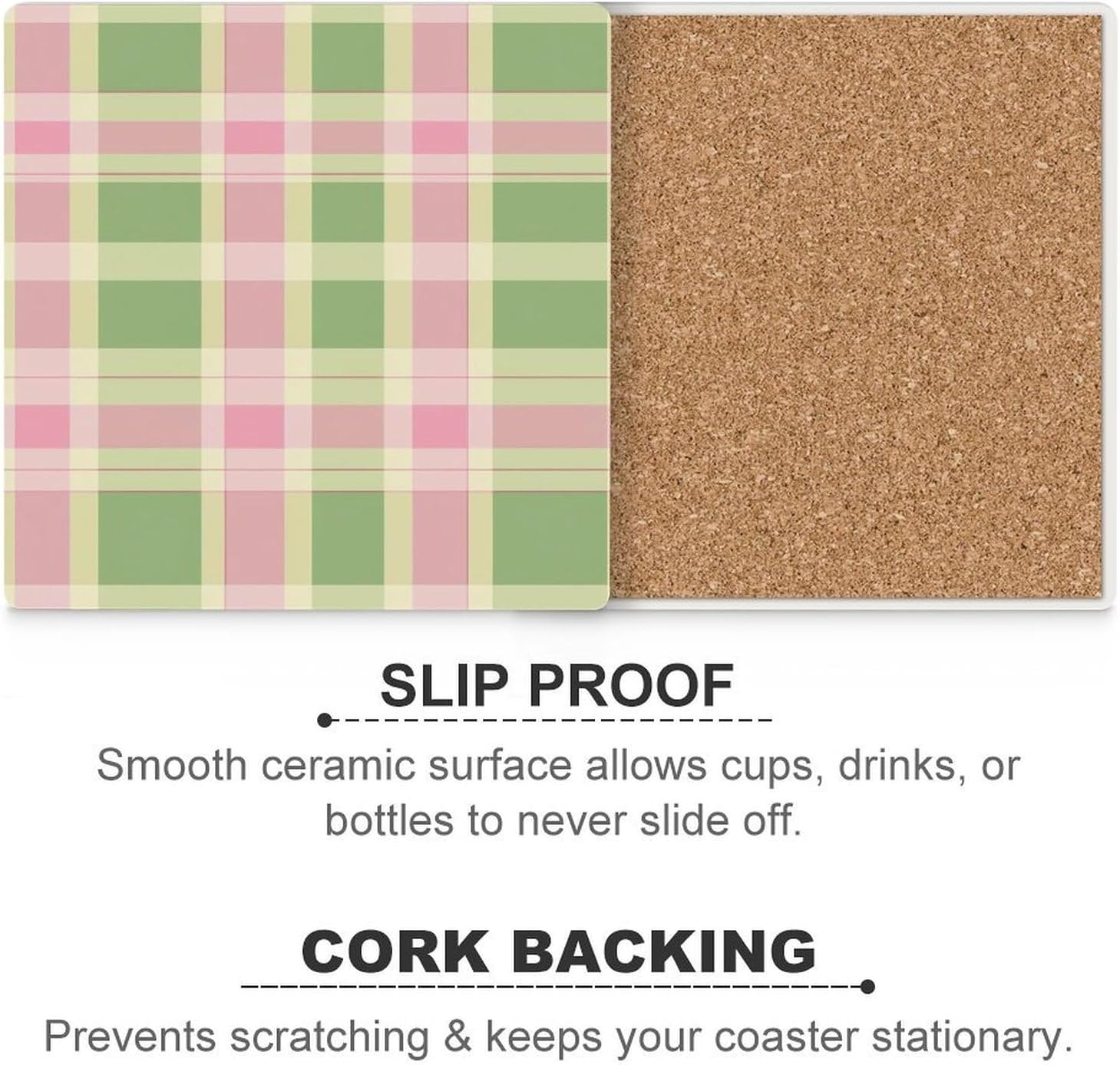 Green Pink Plaid Ceramic Coasters Set Square Drink Coasters Table Coaster for Kitchen Desktop Decor