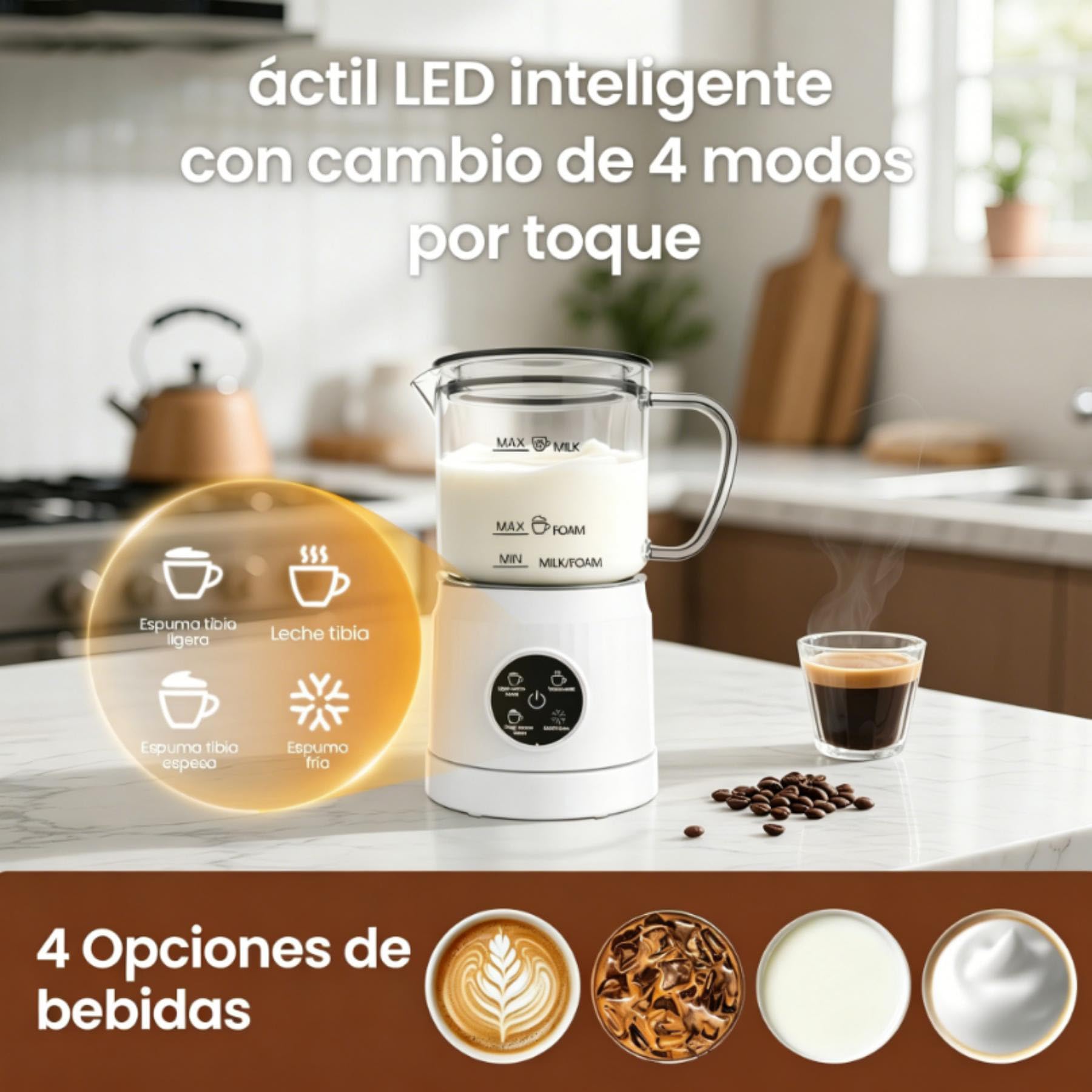 4 en 1 Espumador de Leche Eléctrico y Calentador de Leche, Creador de Espuma Caliente y Fría, Calienta Leche de Acero Inoxidable, Espumador Leche Eléctrico para Café, Latte, Capuchino