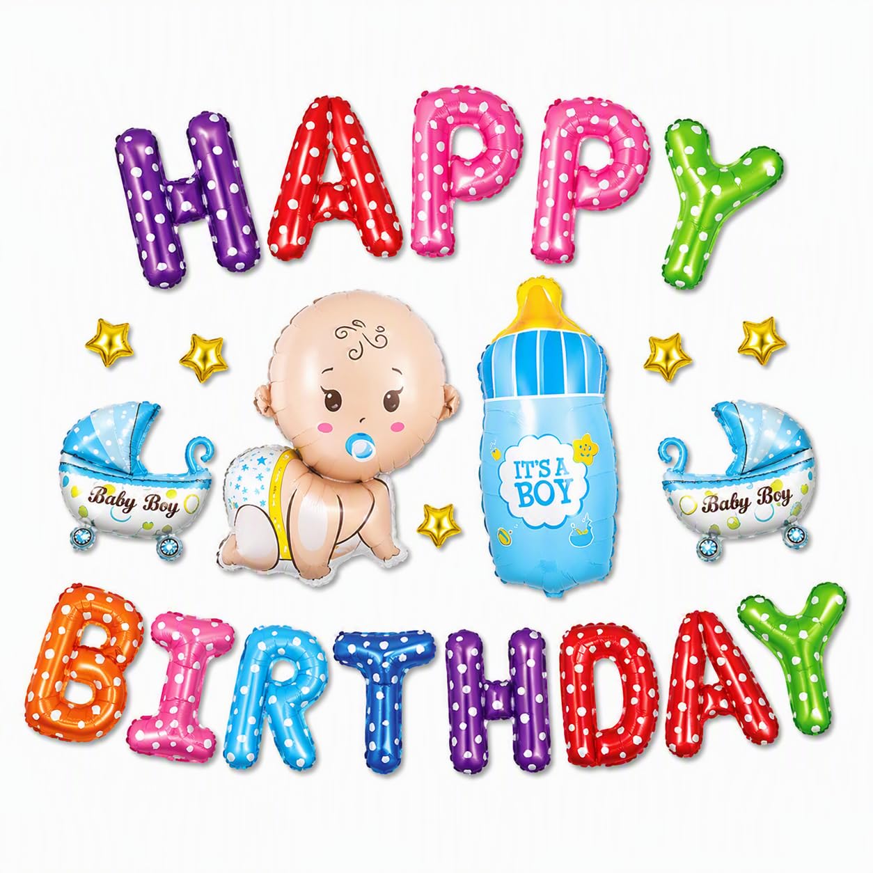 Baby Birthday Balloon Decoration Set, Happy Birthday Foil Balloon set with Baby Boy, Bottle, Pram & Star Balloons, Birthday Party Decorations