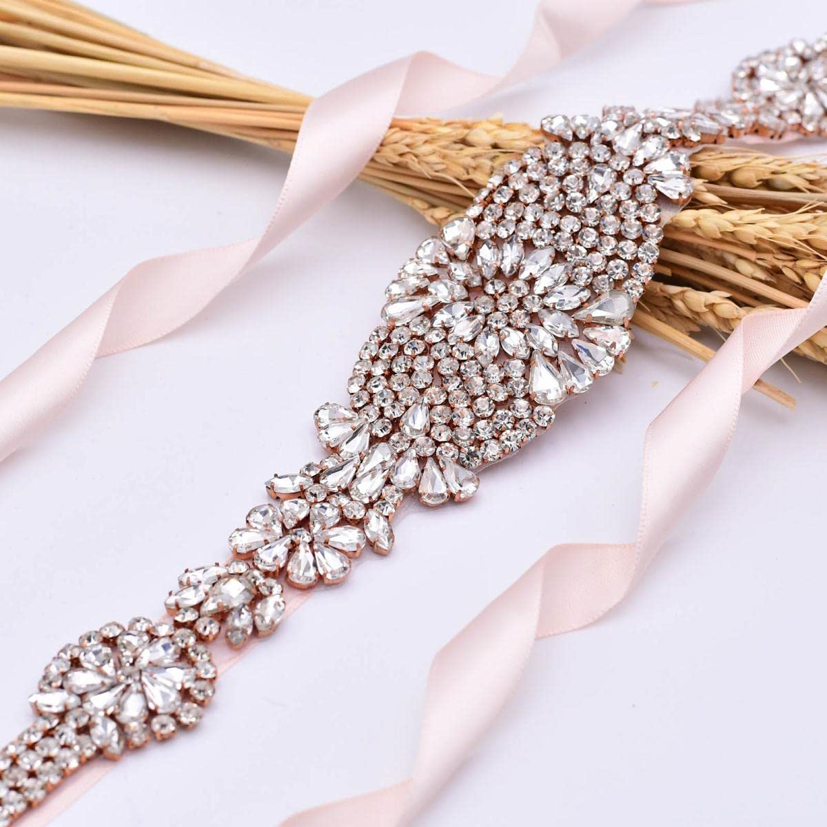 Cinturones de diamantes de imitación para mujer, vestidos de noche, cinturón de boda, cinturón de novia, cinturón de novia, cinturón dorado para damas de honor, apliques de oro rosa, dorado (oro rosa