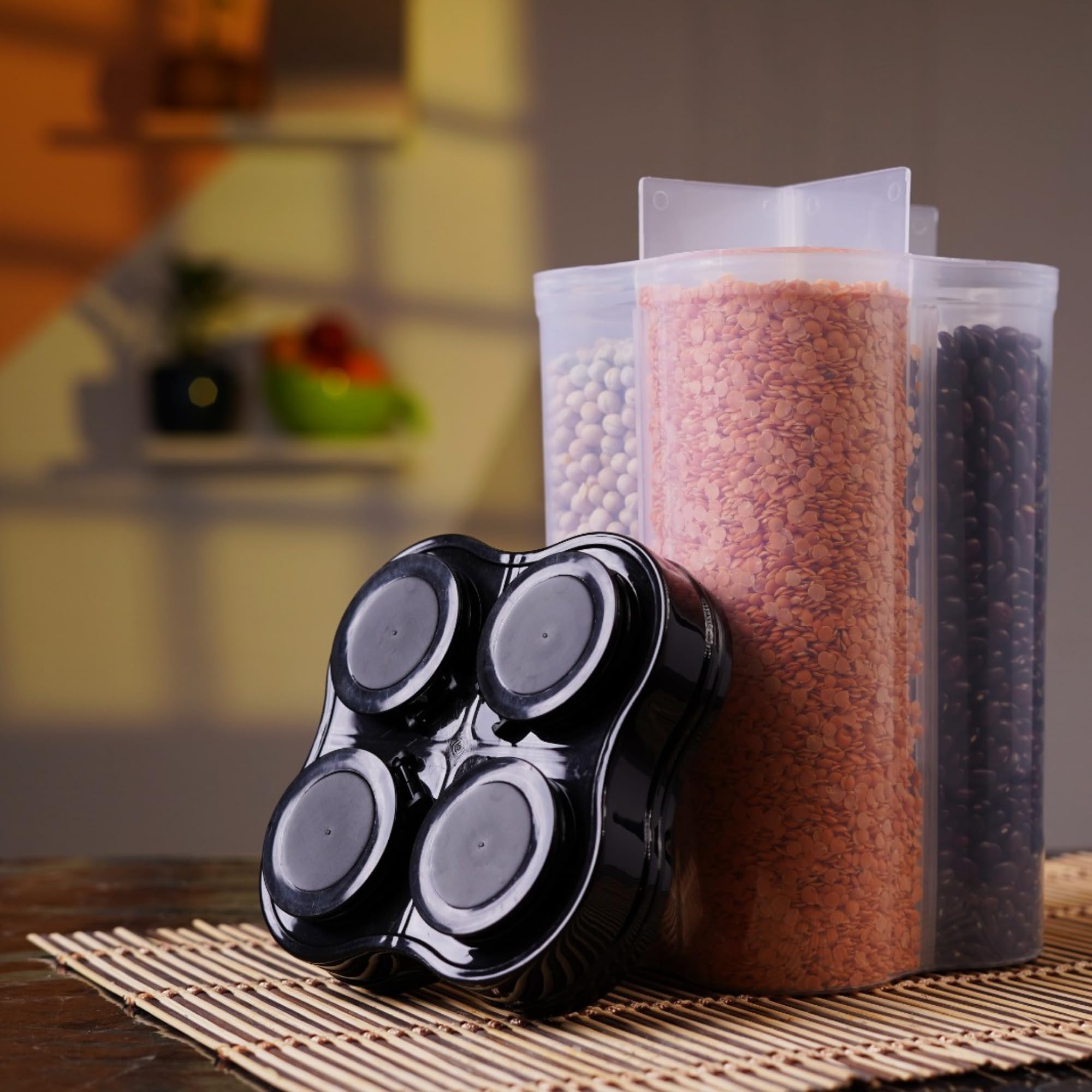 Clazkit Airtight Transparent Plastic Lock Food Storage 4 Section Container Jar for Grocery, Fridge Container Pack of 1, 2500ML - Black