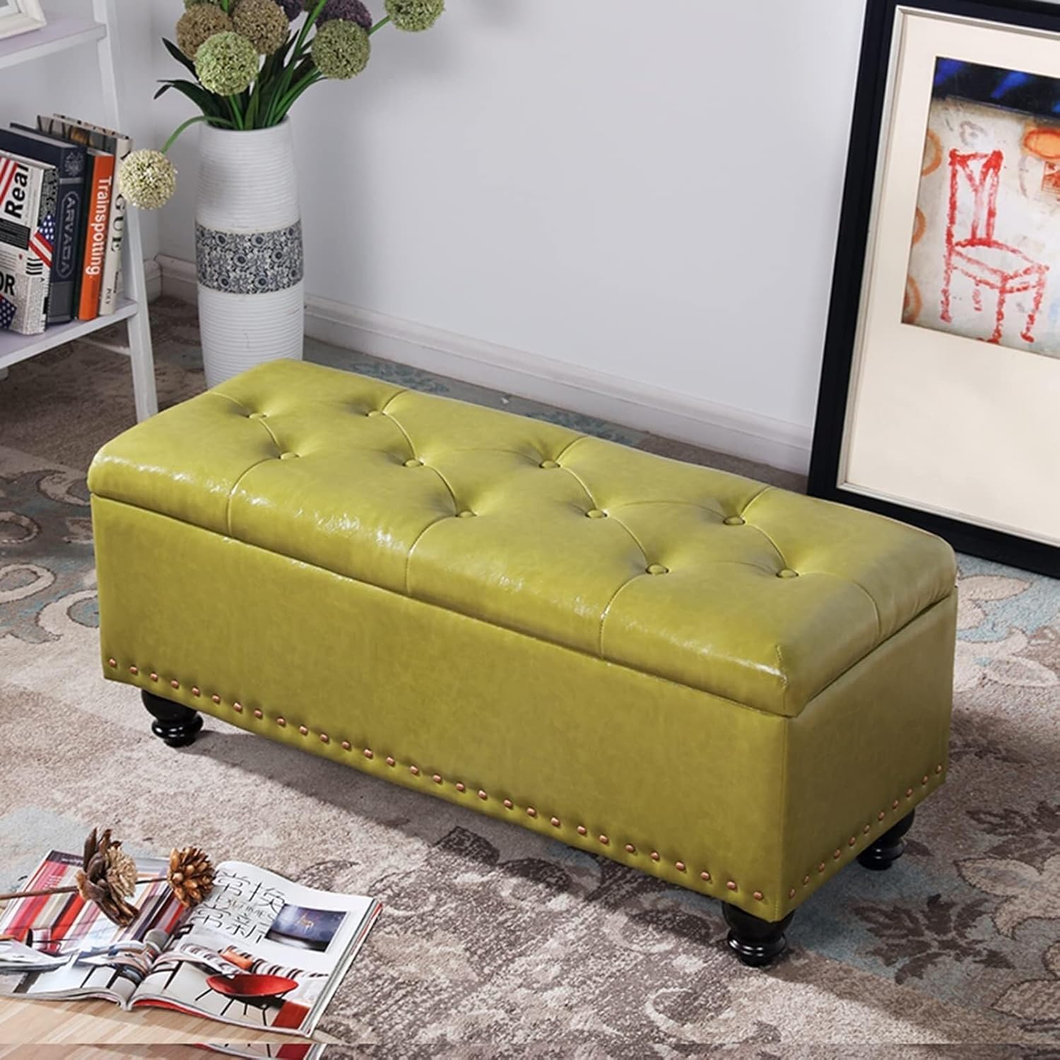 LMMIAOZ Leather Pouf Ottoman - 2-in-1 Storage and Seat - Rectangular Footrest Shoe Changing Stool for Bedroom Hallway Living Room - Stylish Home Decor