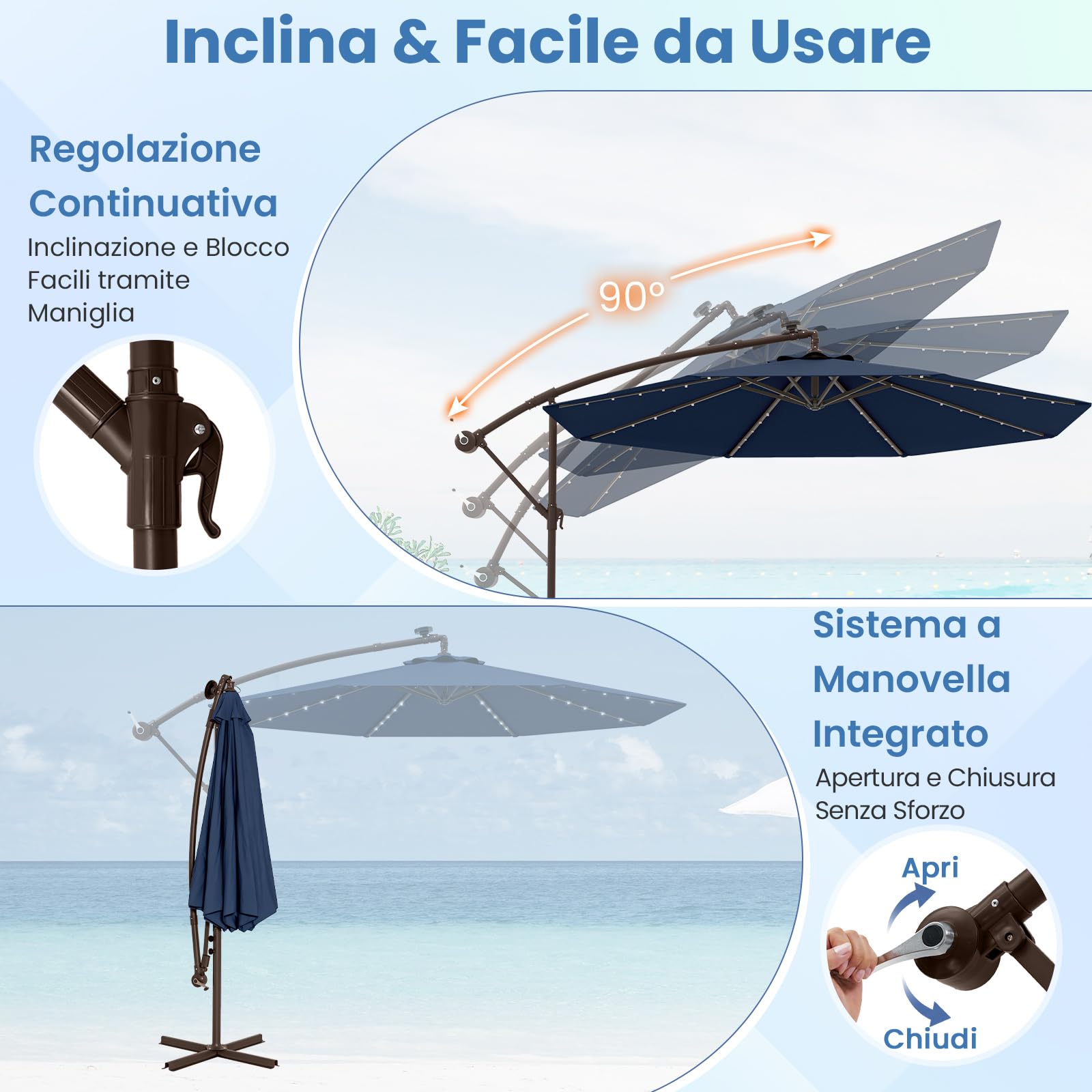Ombrellone 3,5 m con LED ombrellone da giardino idrorepellente con manovella giardino UV40+ balcone esterno, rosso | Leroy Merlin