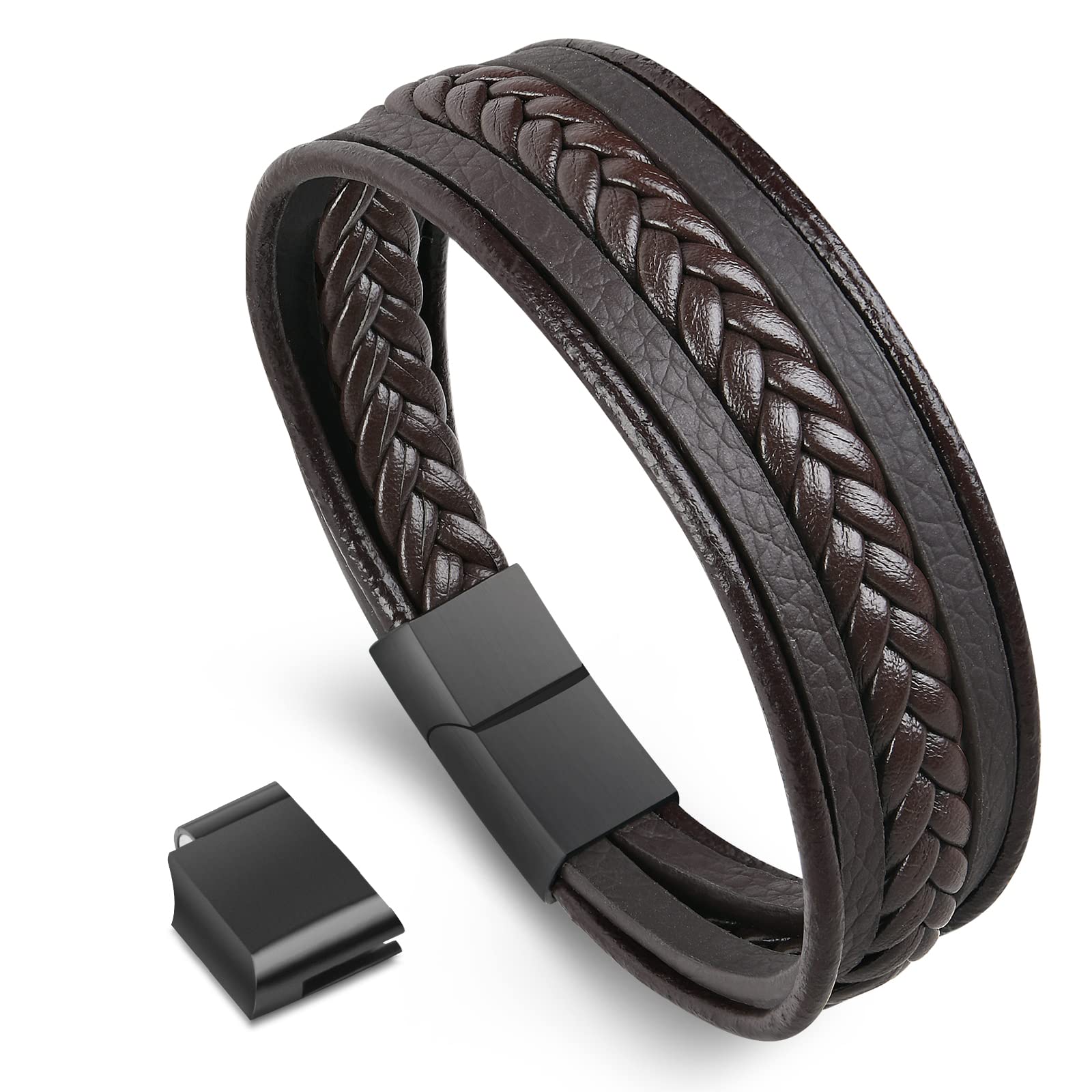 flintronic Pulsera Hombre, Cuero Brazalete Trenzado Cruzada, Pulsera Cuero Trenzado Hombre, Acero Pulsera Trenzada con Cierre Magnética Inoxidable - Negro
