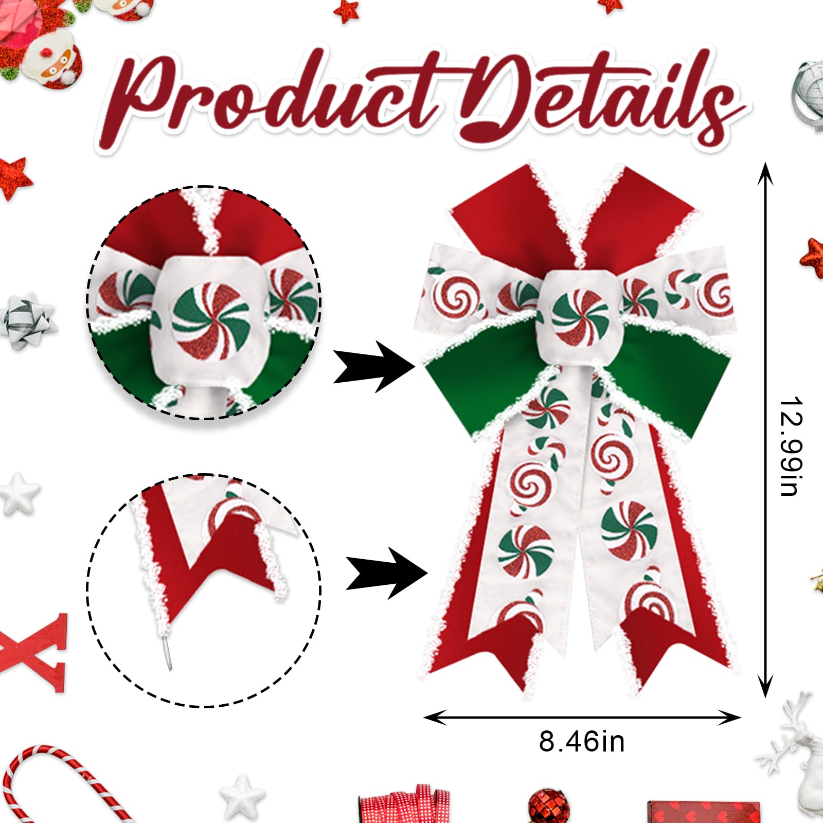 2 Pack Christmas Wreath Bows Christmas Decor Bows Green Red Candy Cane Velvet Ribbon Bows for Wreath, Xmas Tree Topper Bows for New Year Party Decoration Home Indoor Outdoor Wreath Ornament Supplies