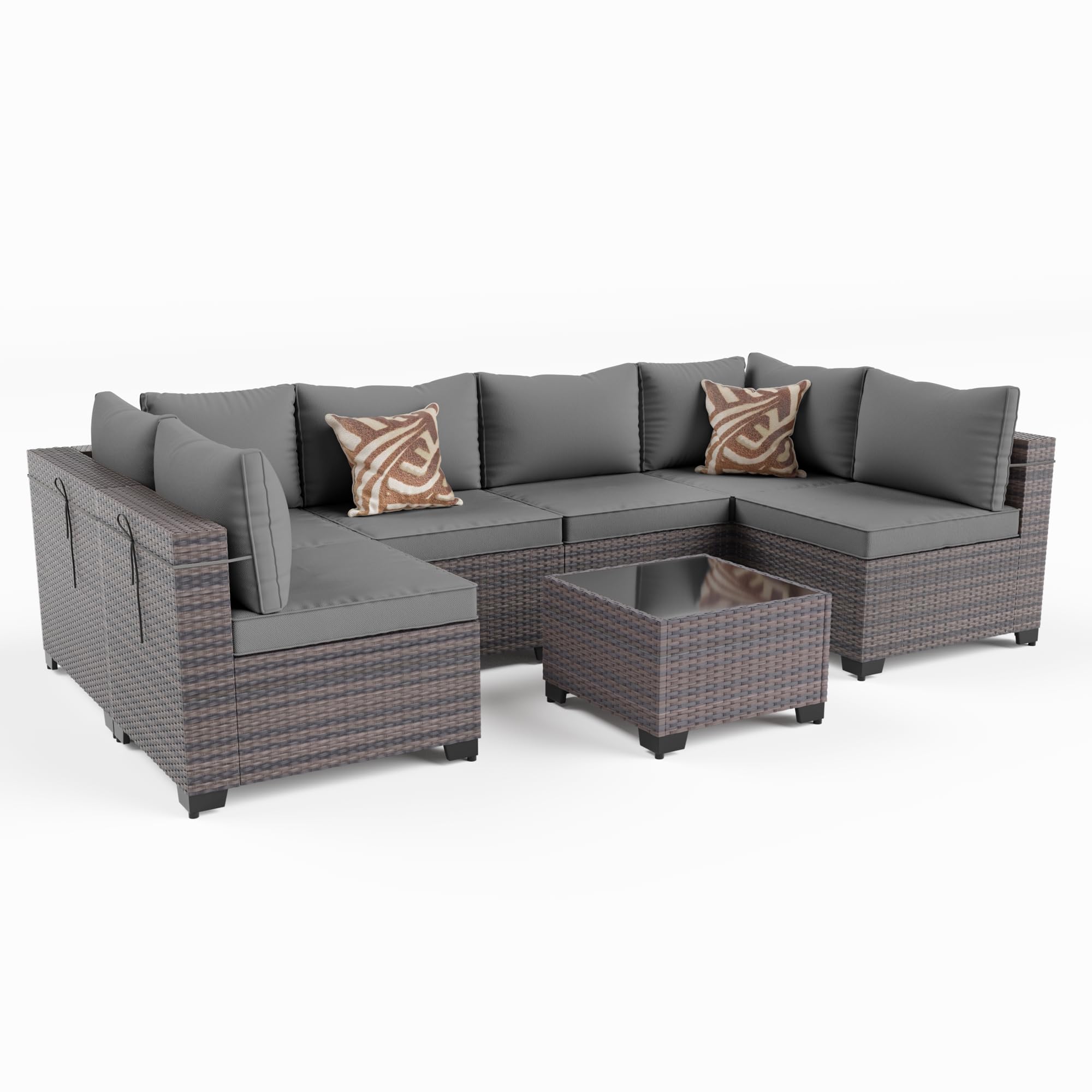 Kullavik 7 Pieces Outdoor Patio Furniture Set,Wicker Outdoor Sectional Sofa,All-Weather Patio Conversation Sets with Washable Thick Cushions & Coffee Table for Garden,Backyard,Balcony,Porch,Grey