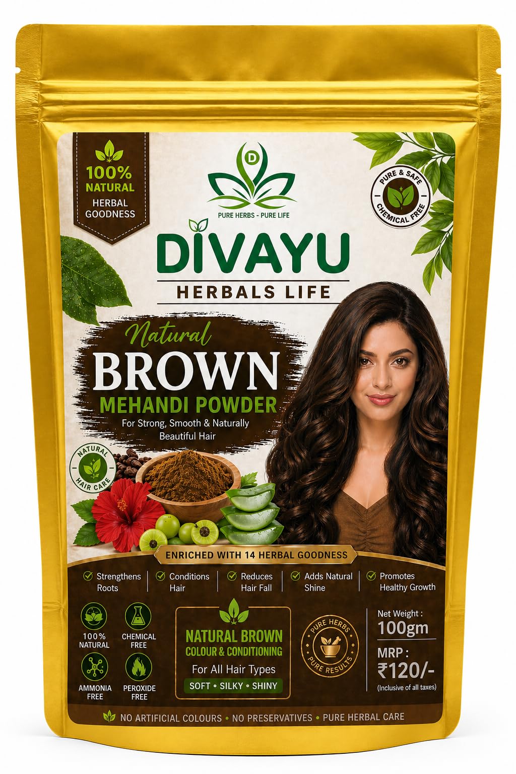 Divayu Natural Brown Mehandi Powder, Chemical-Free, Enriched with 14 Herbal Ingredients, for All Hair Types, 100gm-picture-27