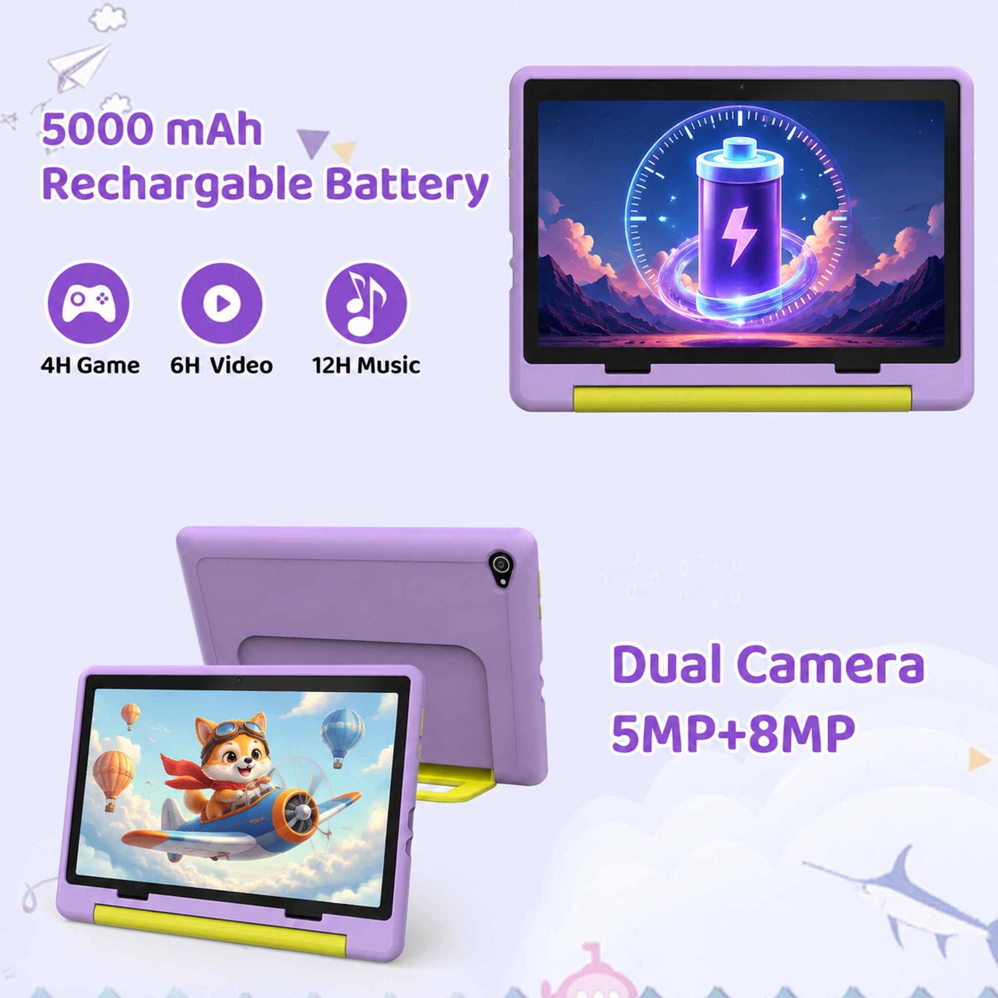 Tablet Bambini 10 Pollici Android 16 Tablets PC 20 GB RAM 64 GB ROM IPS1280x800 Doppia Fotocamera 5MP+8MP 5000 mAh WiFi 6 BT 5.4 Controllo Parentale Custodia Protettiva (Viola)