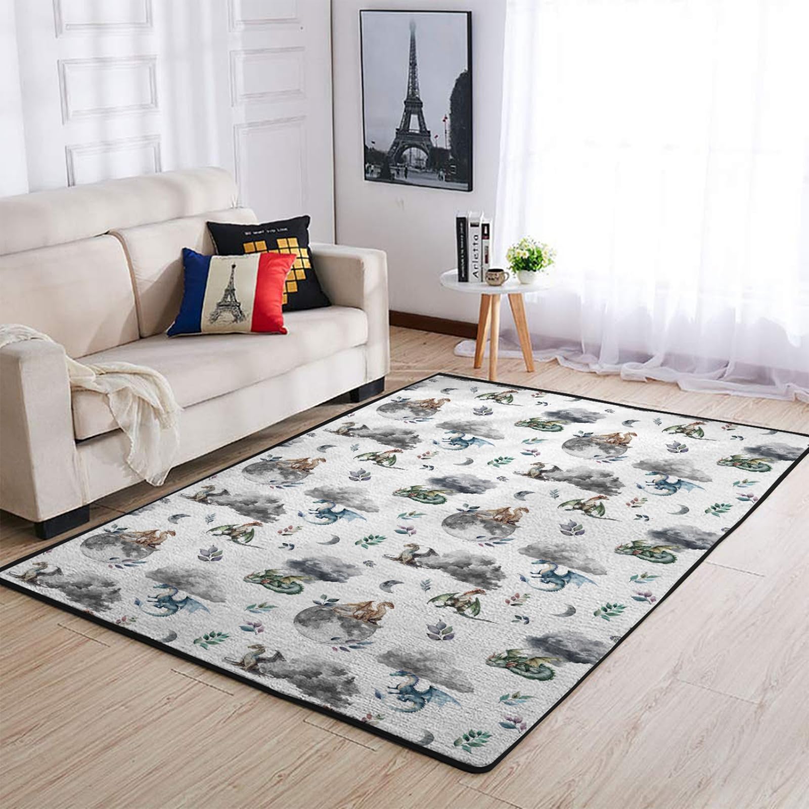 Watercolor Dragons Fairytale Area Rugs Dragon Wings Leaves Moon Clouds Throw Carpets Animal Floor Mats for Kids Toddler Nursery Bedroom Kitchen Living
