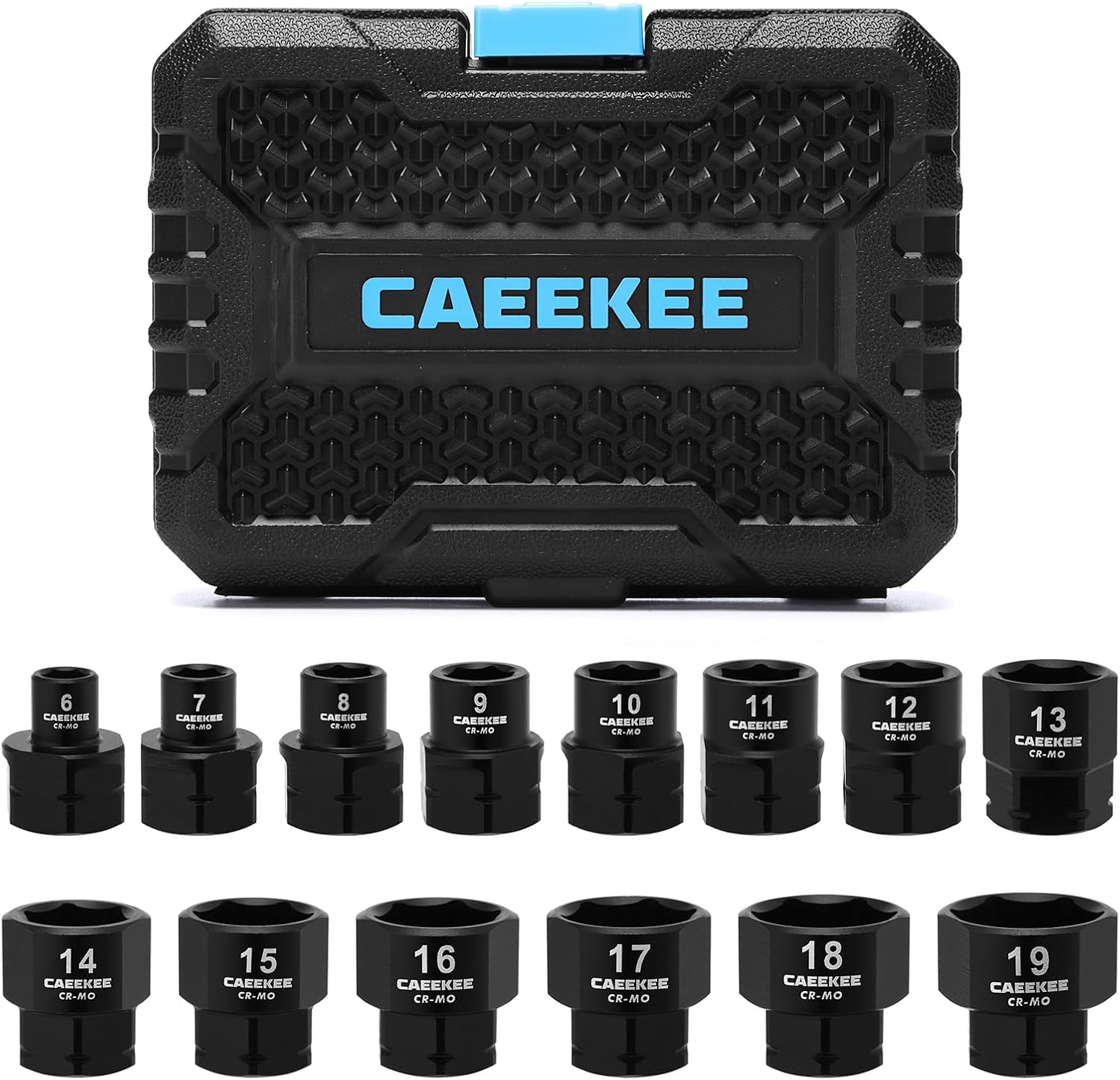 CaeeKee 14-Piece 3/8" Drive Metric Nano Low Profile Impact Socket Set 6-19mm Cr-Mo 6-Point Stubby Sockets for Tight Spaces