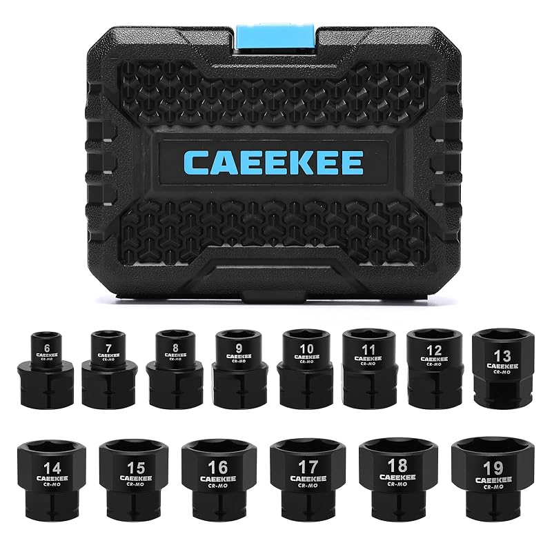 Jogo de Soquetes de Impacto Nano de Perfil Baixo CaeeKee, Encaixe 3/8 pol. (9,5 mm), Métrico de 6 a 19 mm, 6 Pontos, Aço CR-MO, 14 Peças