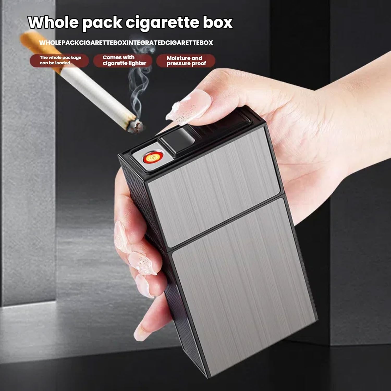 Cigarette Case with Lighter for 100mm King Size, Rechargeable Windproof Set of 2,Electric Coil Lighter, Gift Package (Silver+ Black, 100mm)