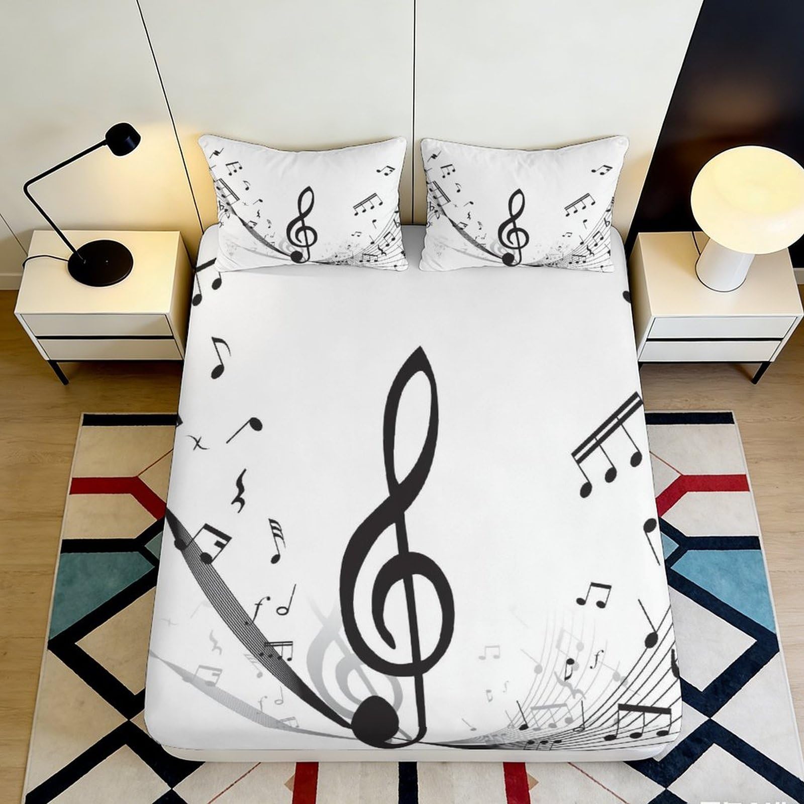 3D Printed Music Note Fitted Sheet Microfiber Soft Black White Musical Symbol Bed Cover for Bedroom Guestroom Decor 90x200x25cm