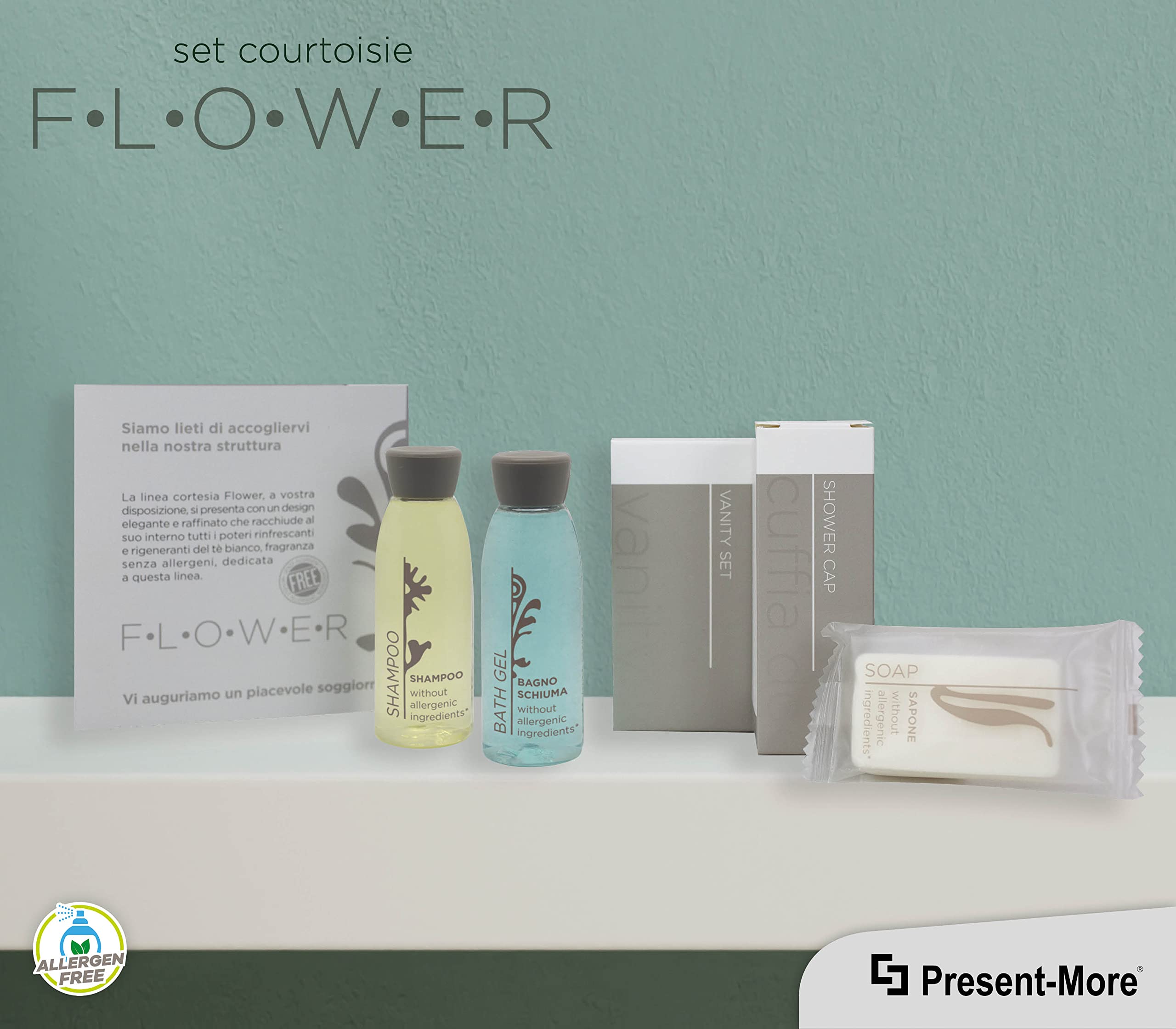 PRESENT-MORE - Kit Accueil 40 Invités Flower - Parfum Thé Vert - Contenu: Shampooing, Gel Douche, Savon, Bonnet de Douche et Vanity - Pour Hôtels et B&B