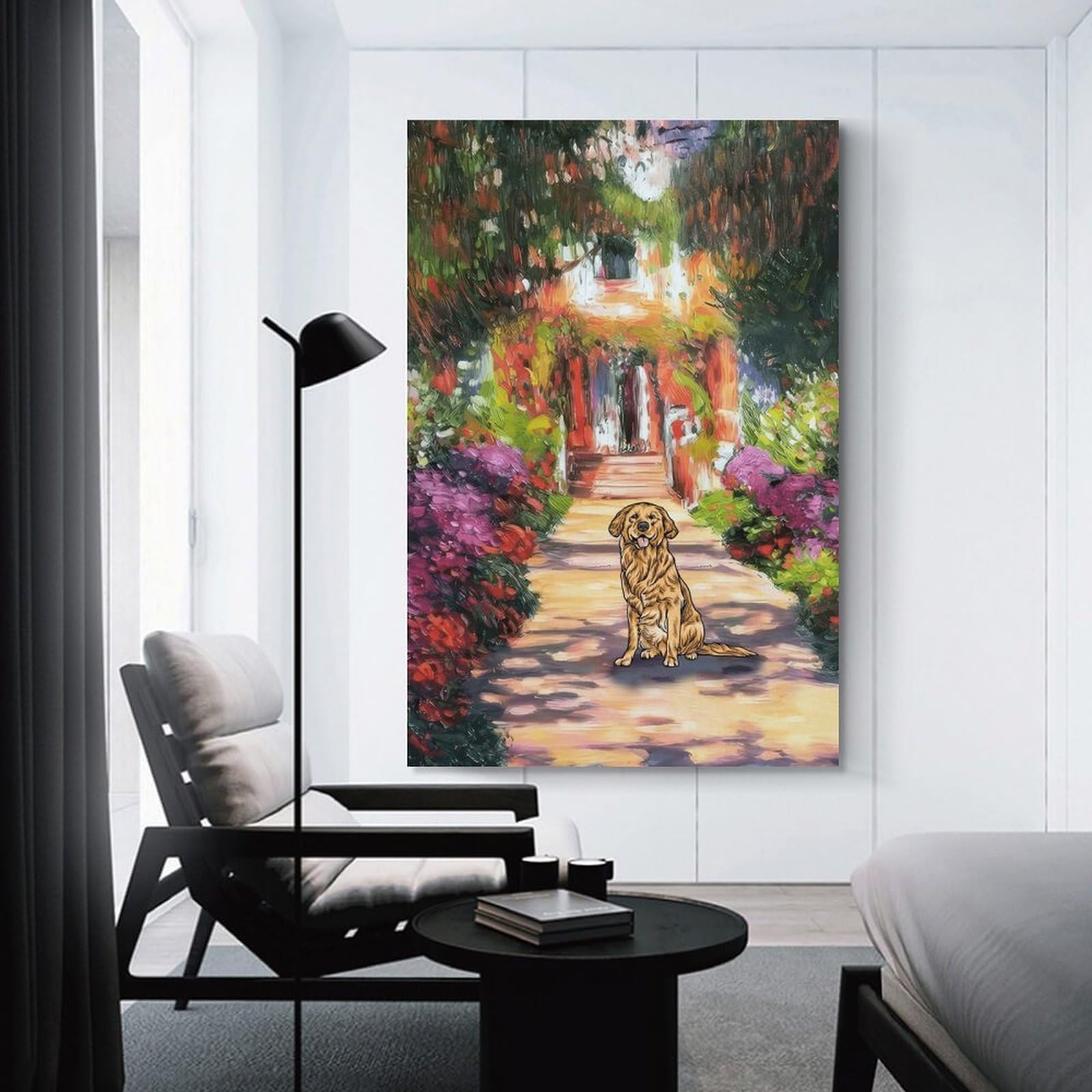 Junmoney Unframe-Style-5 Garden Path With Golden Retriever Decorative Wall Artwork, 16X24inch(40X60cm), For Home Lounge, Bedroom Or Reading Nook, Eye Catching Artwork For Blank Walls