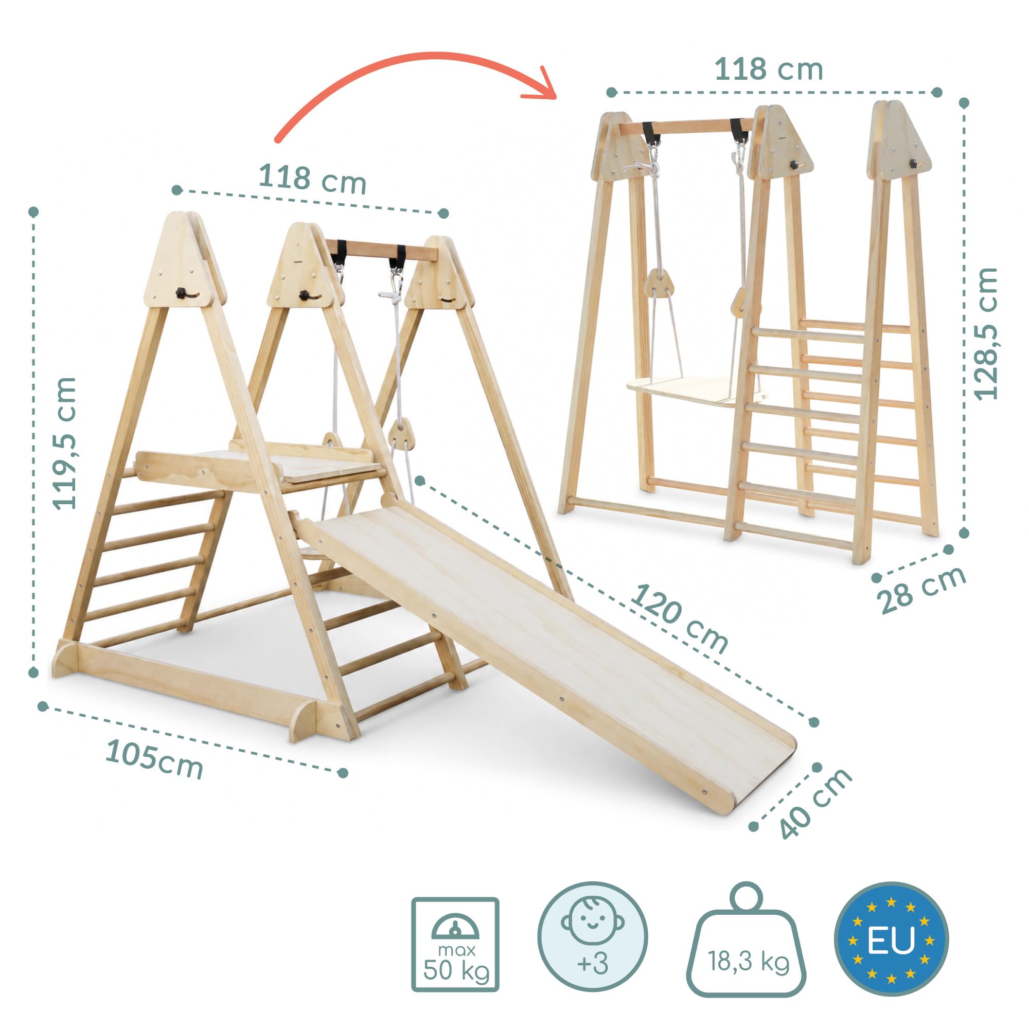 Mamabrum Indoor Spielplatz aus Holz 3in1 mit Rutsche, Kletterwand und Schaukel, klappbares Montessori Bewegungsset aus Buche, 118 x 105 x 119,5 cm, ab 3 Jahren