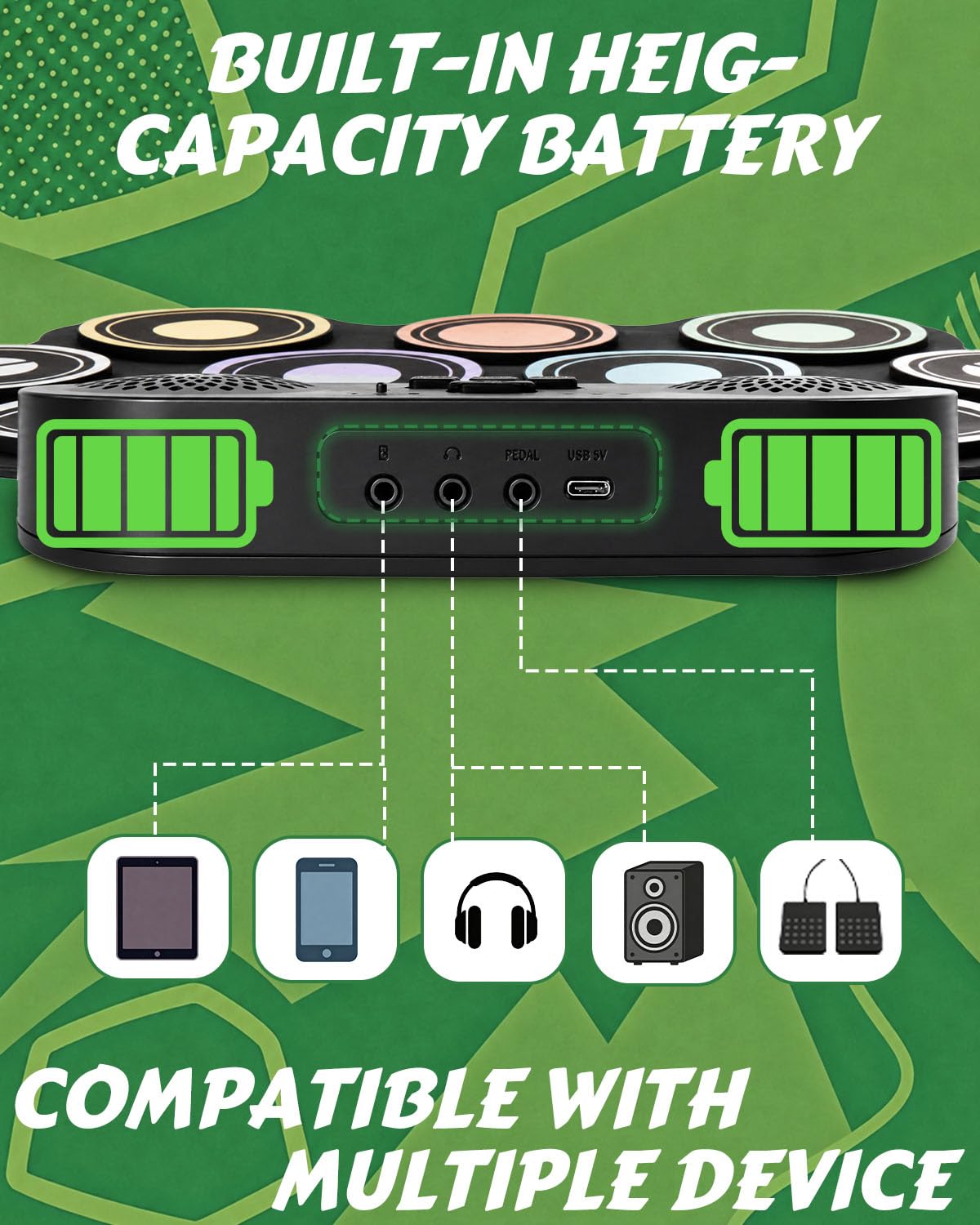 STRICH Set de Batería Electrónica, Almohadilla de Práctica de Batería Enrollable de 9 Pads, Pad de Batería Eléctrica Portátil con Altavoz Integrado, Pedales y Baquetas, 10 Horas de Uso (SED-K10)