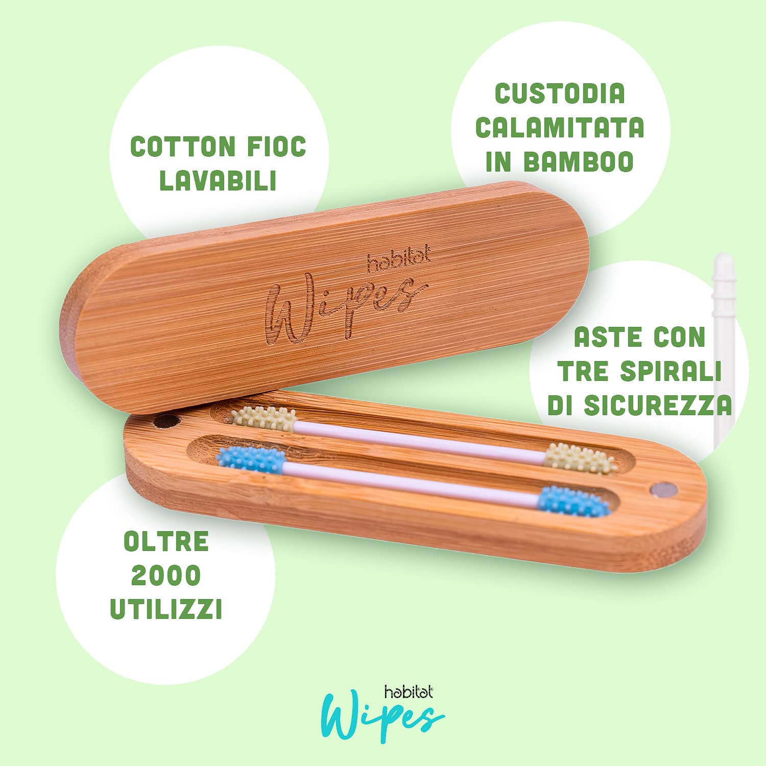 Habitat Wipes - Cotton Fioc Riutilizzabili per orecchie in Scatola di bambu - Materiale Ecologico in Silicone Reusable Biodegradabili Lavabili Eco-Friendly - Verde e Blu