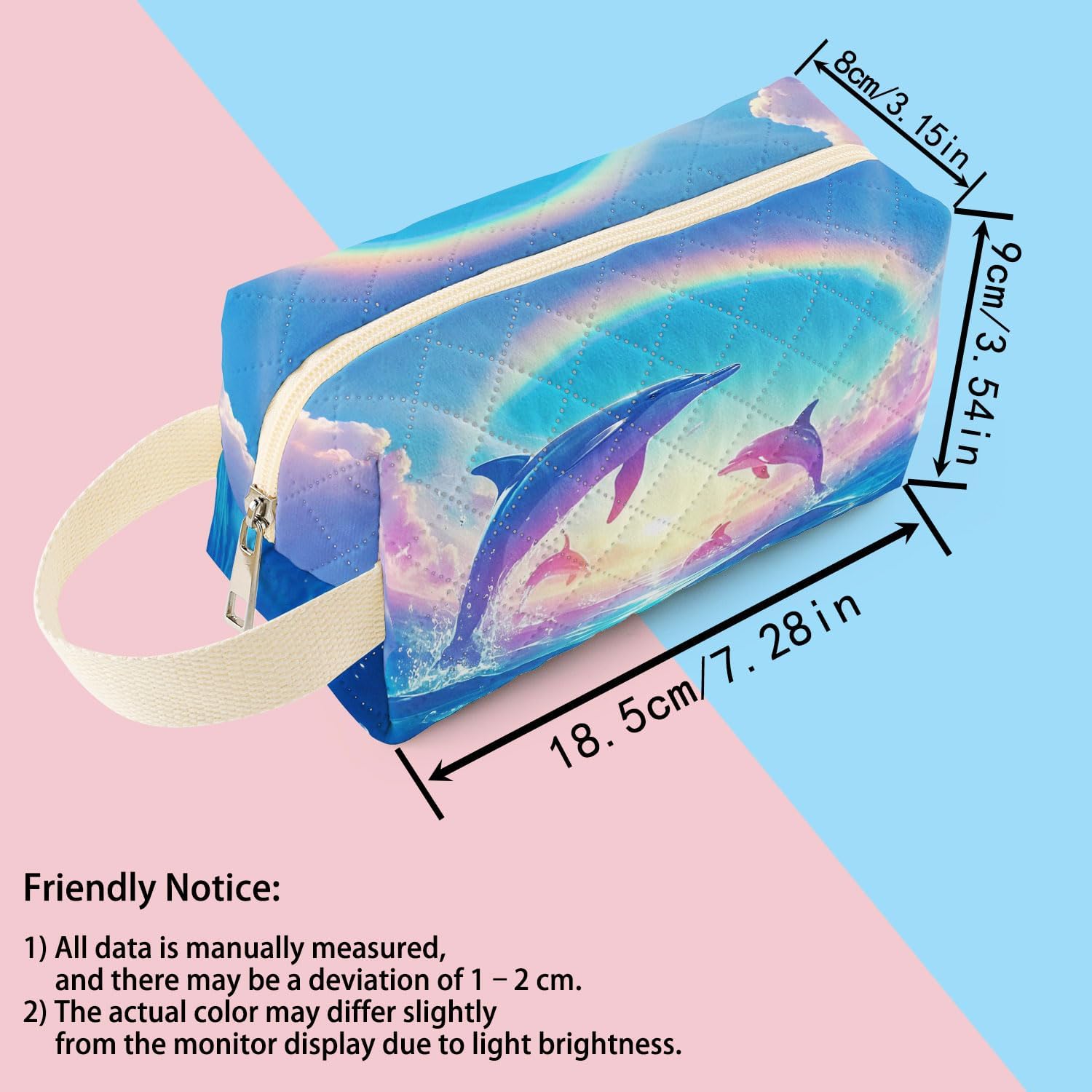 Rainbow Dolphin Printed Quilted Makeup Pouch for Women - Velvety Polyester Cosmetic Organizer w/Triple Compartments, Travel & Makeup Brush Holder - Image 2